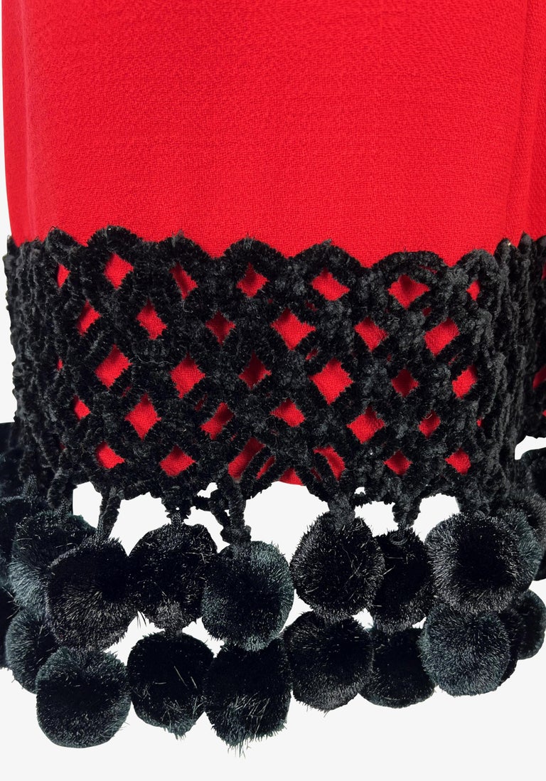 Women's 1970s Valentino Garavani Red Wool Black Wool Pom Pom Dress For Sale
