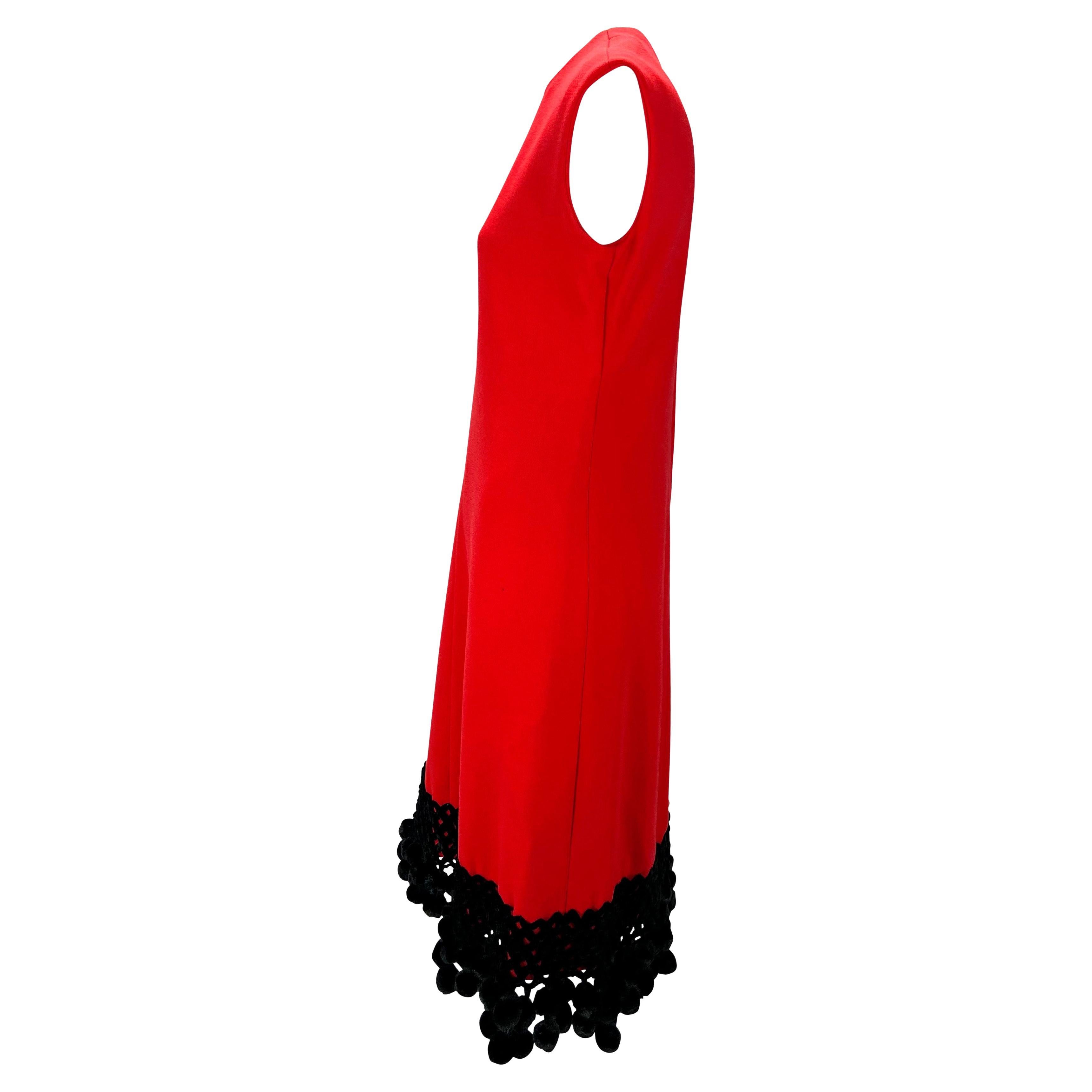 1970s Valentino Garavani Red Wool Black Wool Pom Pom Dress For Sale 1