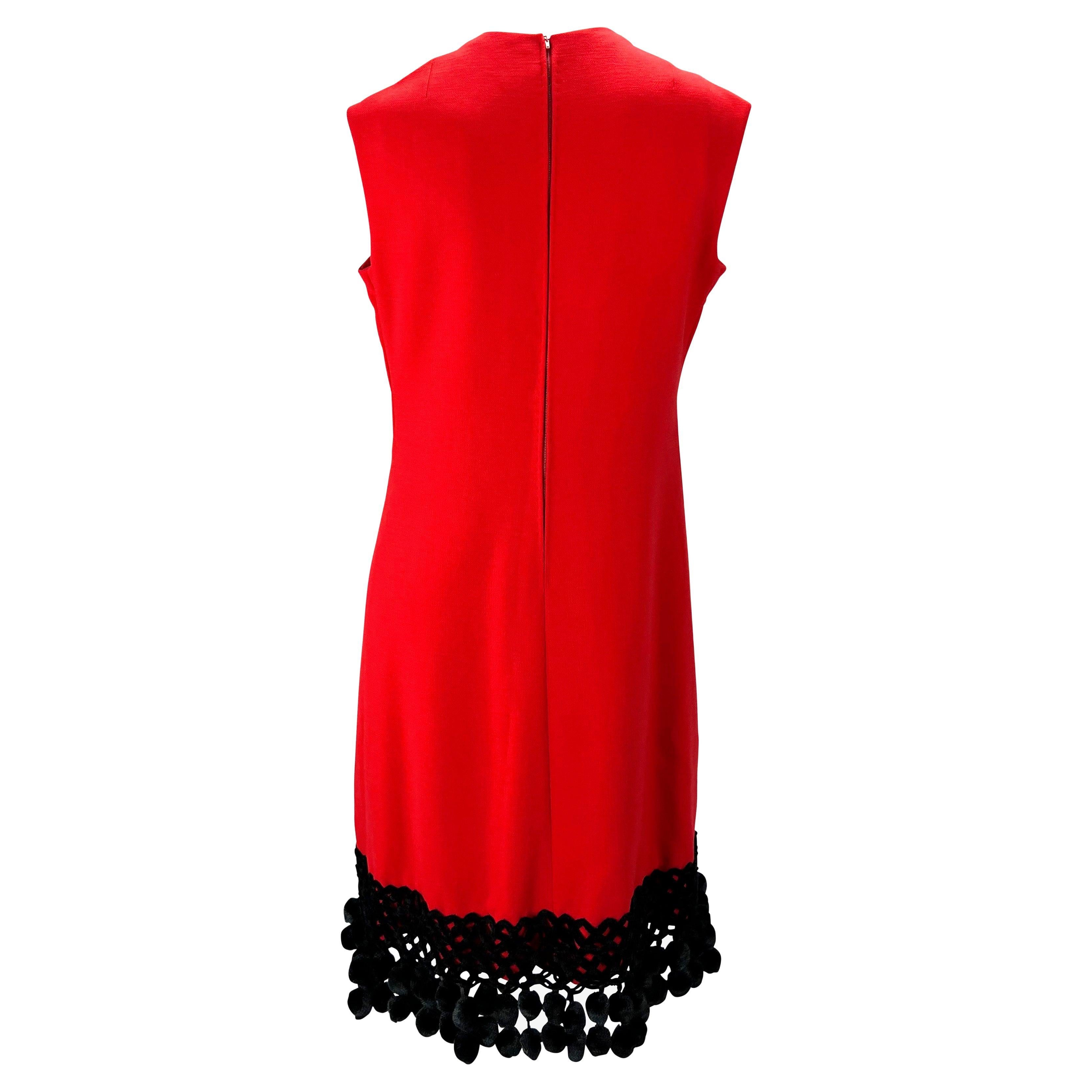 1970s Valentino Garavani Red Wool Black Wool Pom Pom Dress For Sale 2