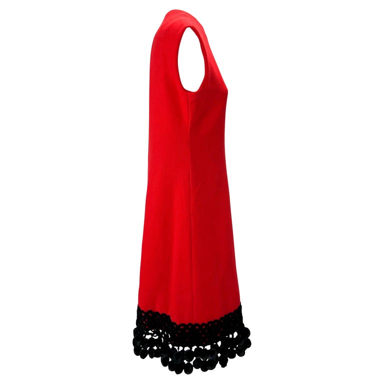 1970s Valentino Garavani Red Wool Black Wool Pom Pom Dress For Sale 3