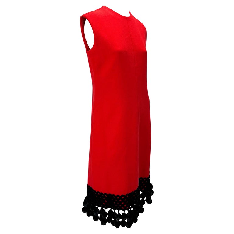 1970s Valentino Garavani Red Wool Black Wool Pom Pom Dress For Sale 4