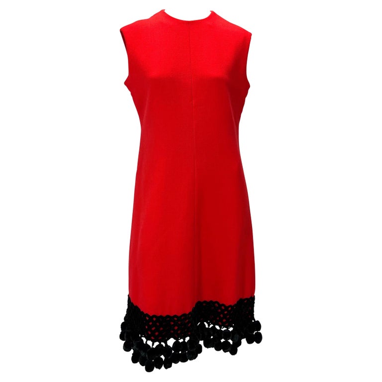 1970s Valentino Garavani Red Wool Black Wool Pom Pom Dress For Sale