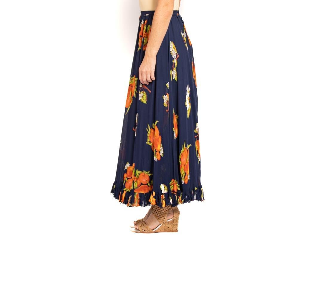 1970S VALENTINO Navy Blue Bias Cut Rayon Fruit Print Skirt In Excellent Condition For Sale In New York, NY