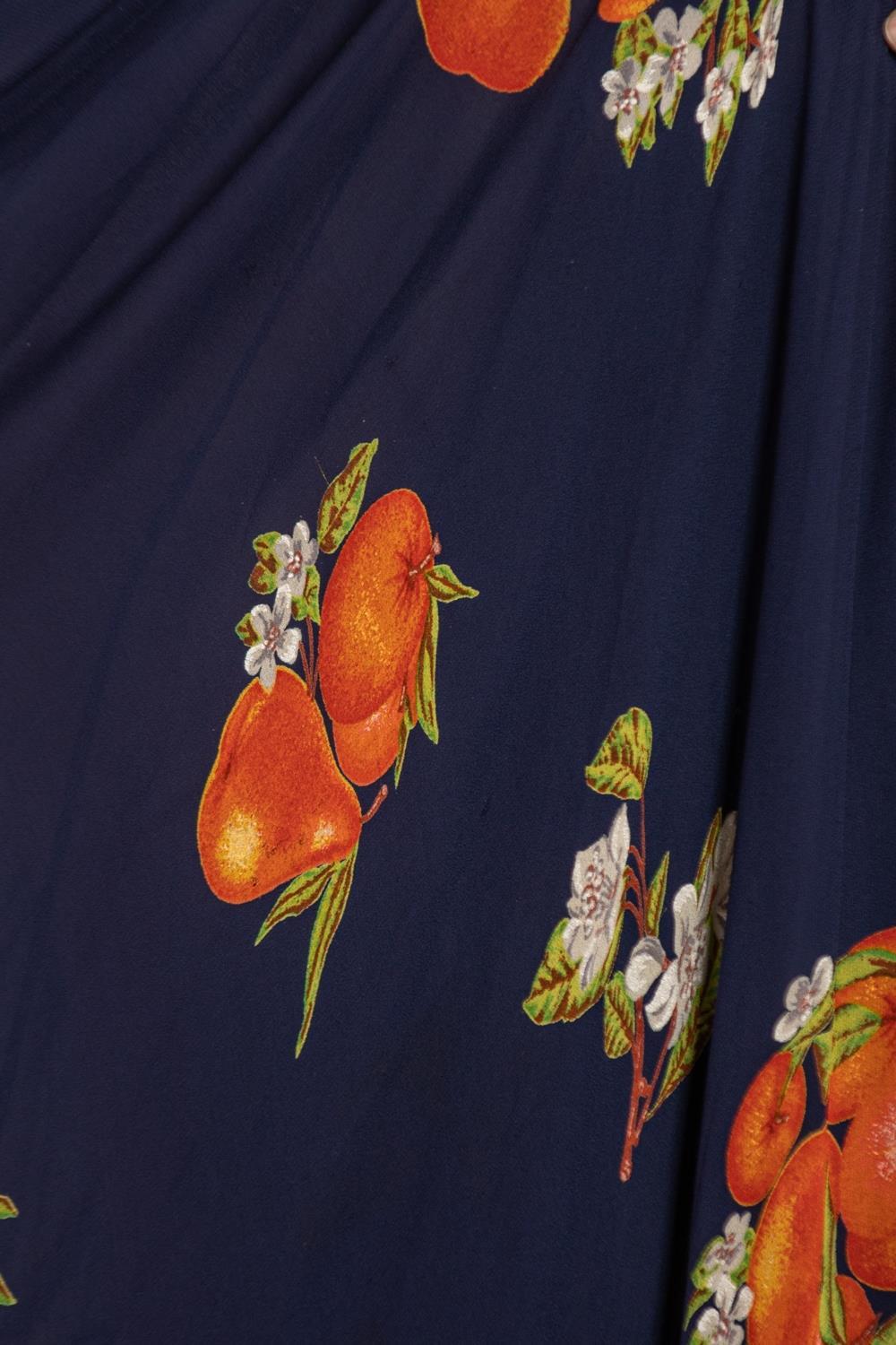 1970S VALENTINO Navy Blue Bias Cut Rayon Fruit Print Skirt For Sale 6