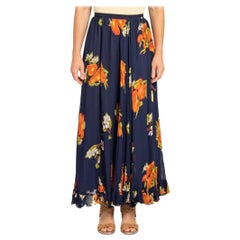 1970S VALENTINO Navy Blue Bias Cut Rayon Fruit Print Skirt