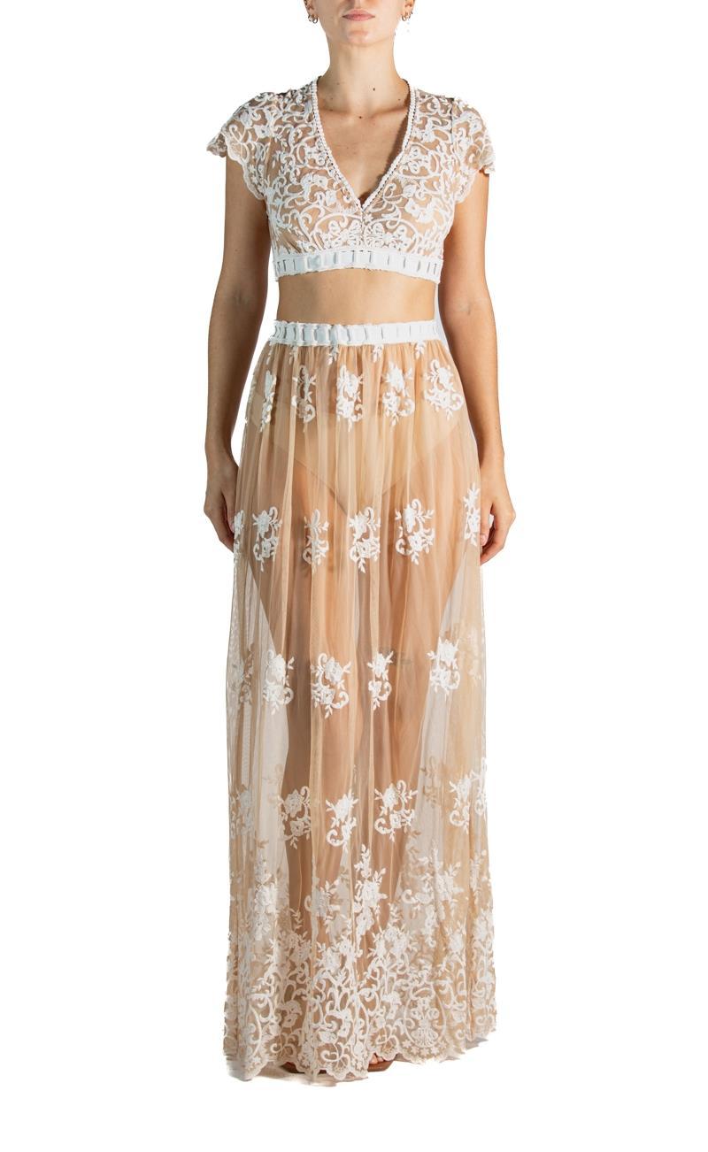 1970S Valentino White & Nude Poly/Nylon Sheer Embroidered Lace Ensemble In Excellent Condition In New York, NY
