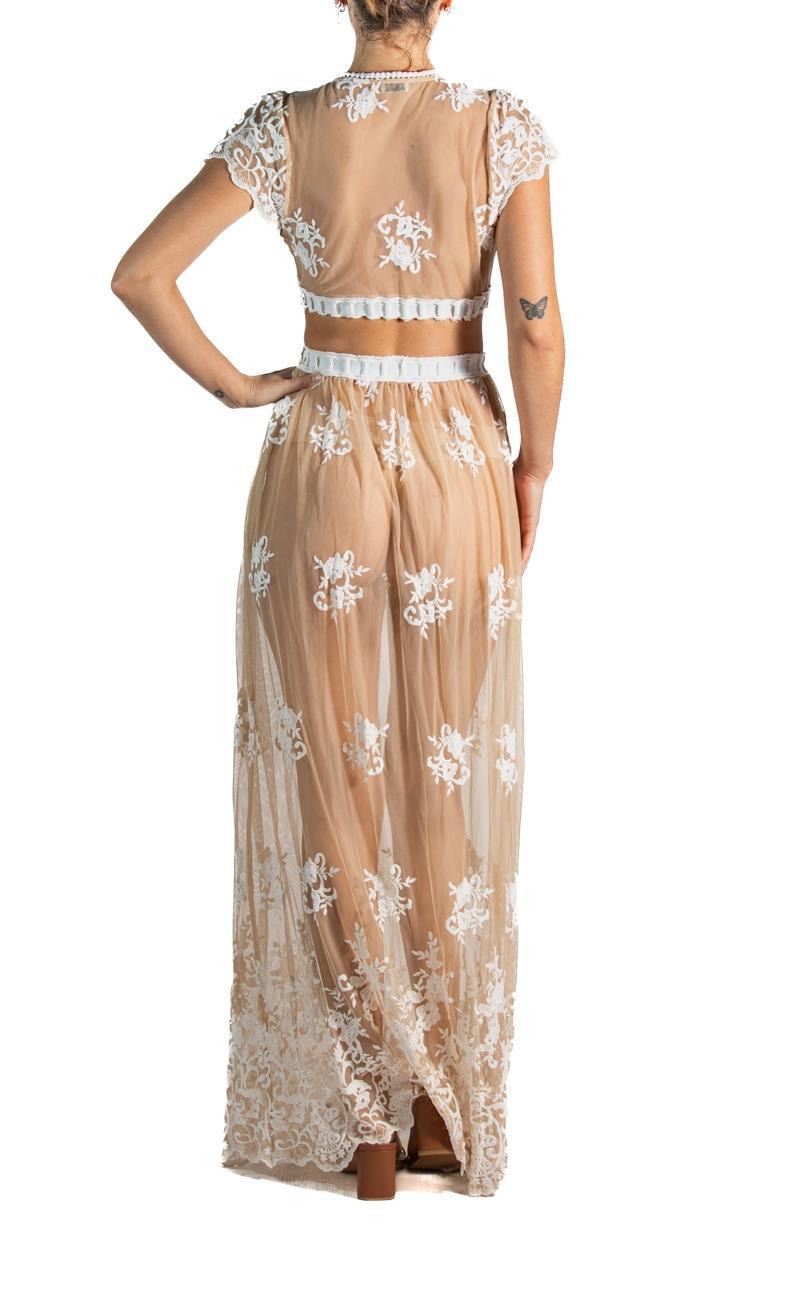 1970S Valentino White & Nude Poly/Nylon Sheer Embroidered Lace Ensemble 2