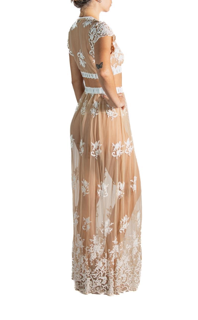 1970S Valentino White & Nude Poly/Nylon Sheer Embroidered Lace Ensemble 3