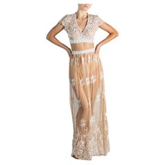 Vintage 1970S Valentino White & Nude Poly/Nylon Sheer Embroidered Lace Ensemble