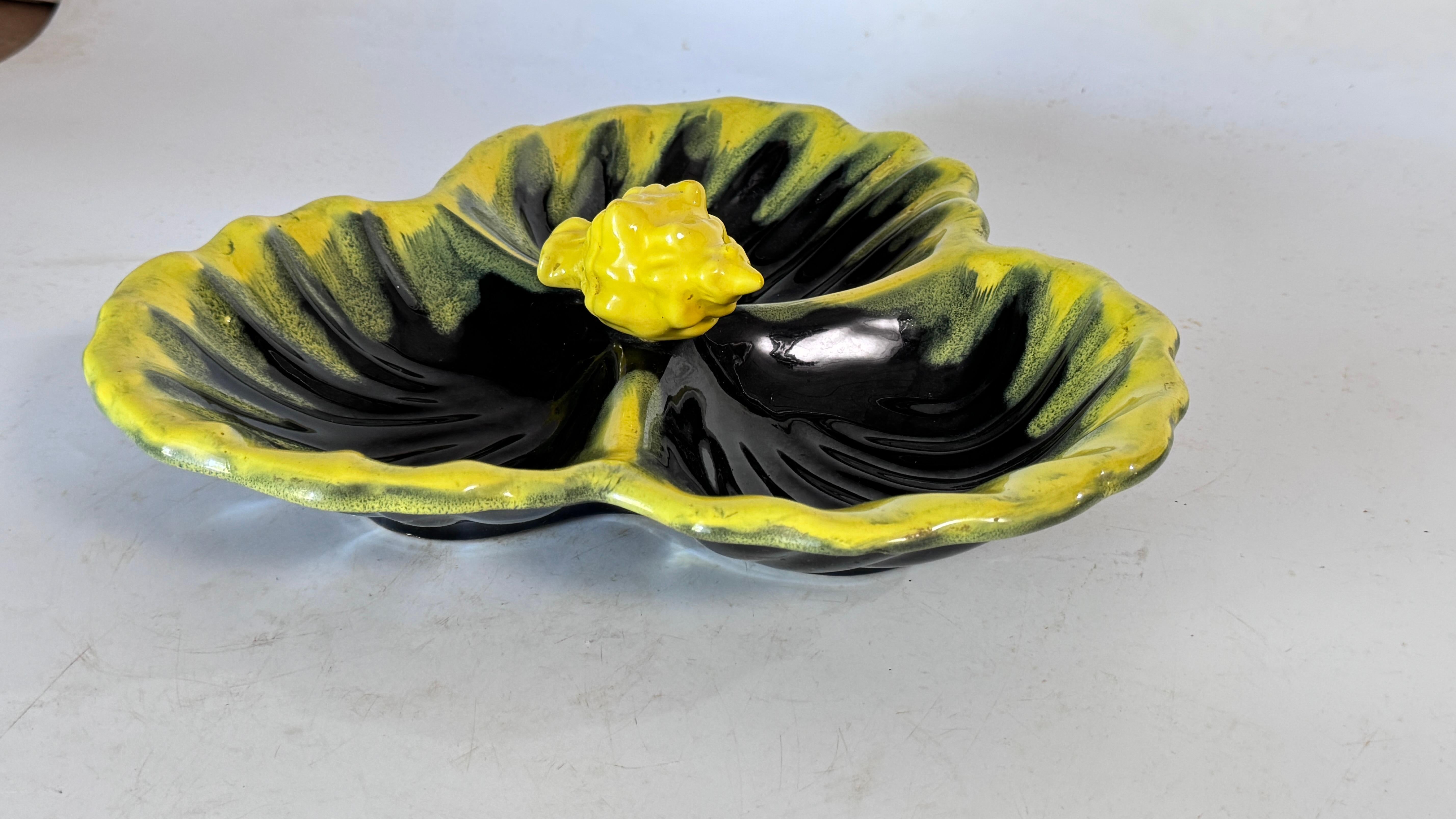 1970s Vallauris Yellow and Black Ceramic Catchall  Three Compartments For Sale 8