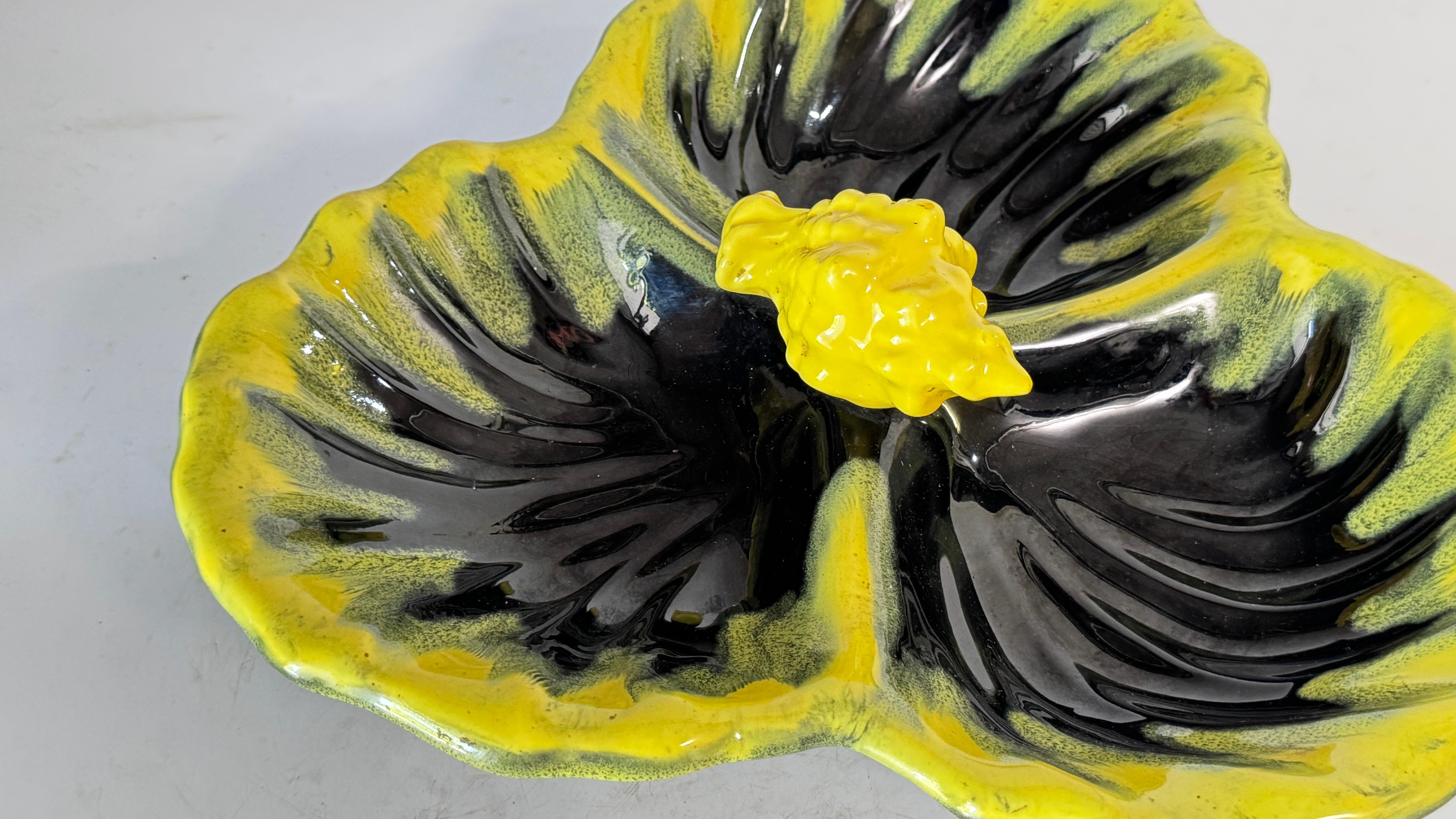 1970s Vallauris Yellow and Black Ceramic Catchall  Three Compartments For Sale 9