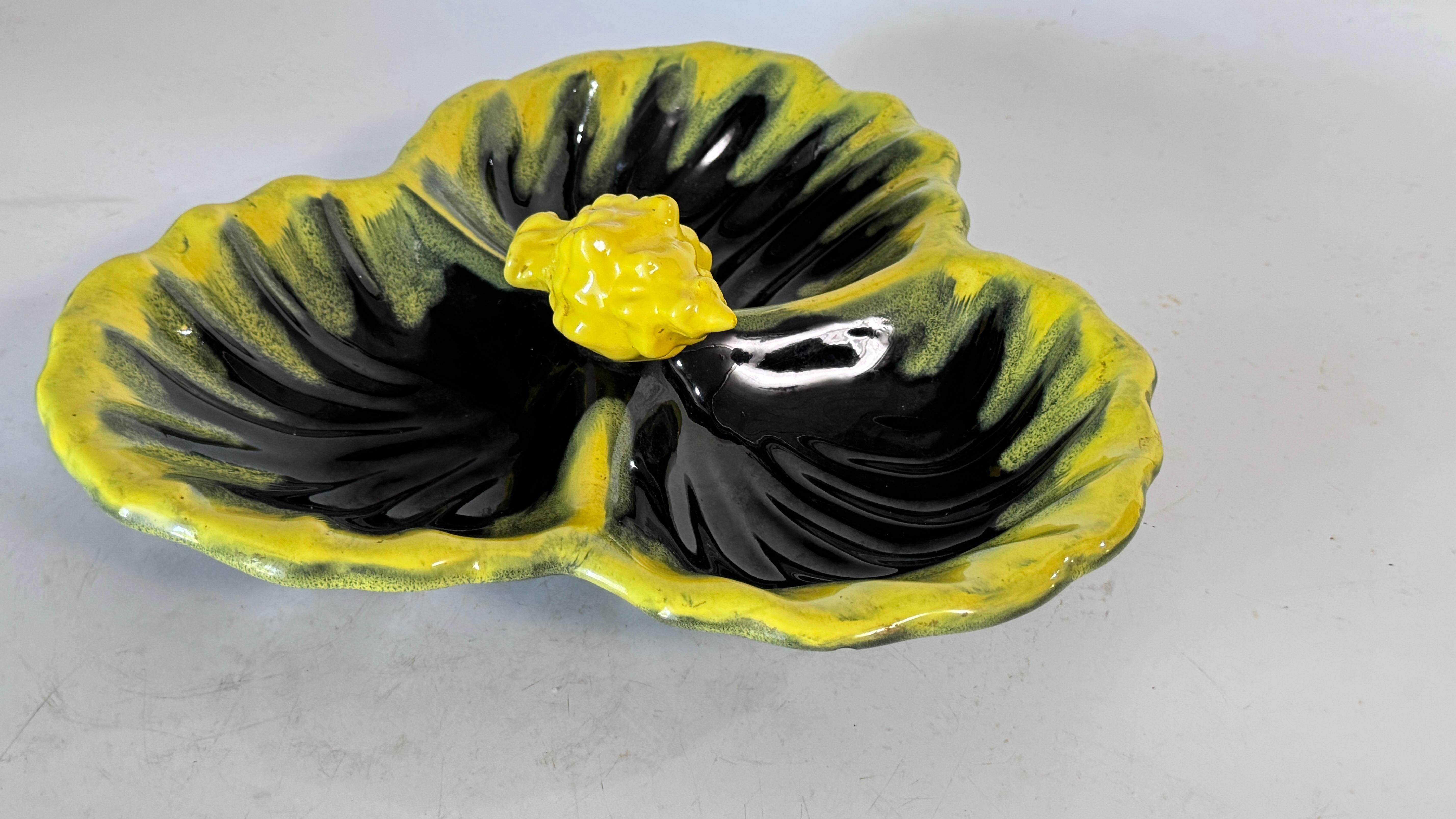 1970s Vallauris Yellow and Black Ceramic Catchall  Three Compartments For Sale 10