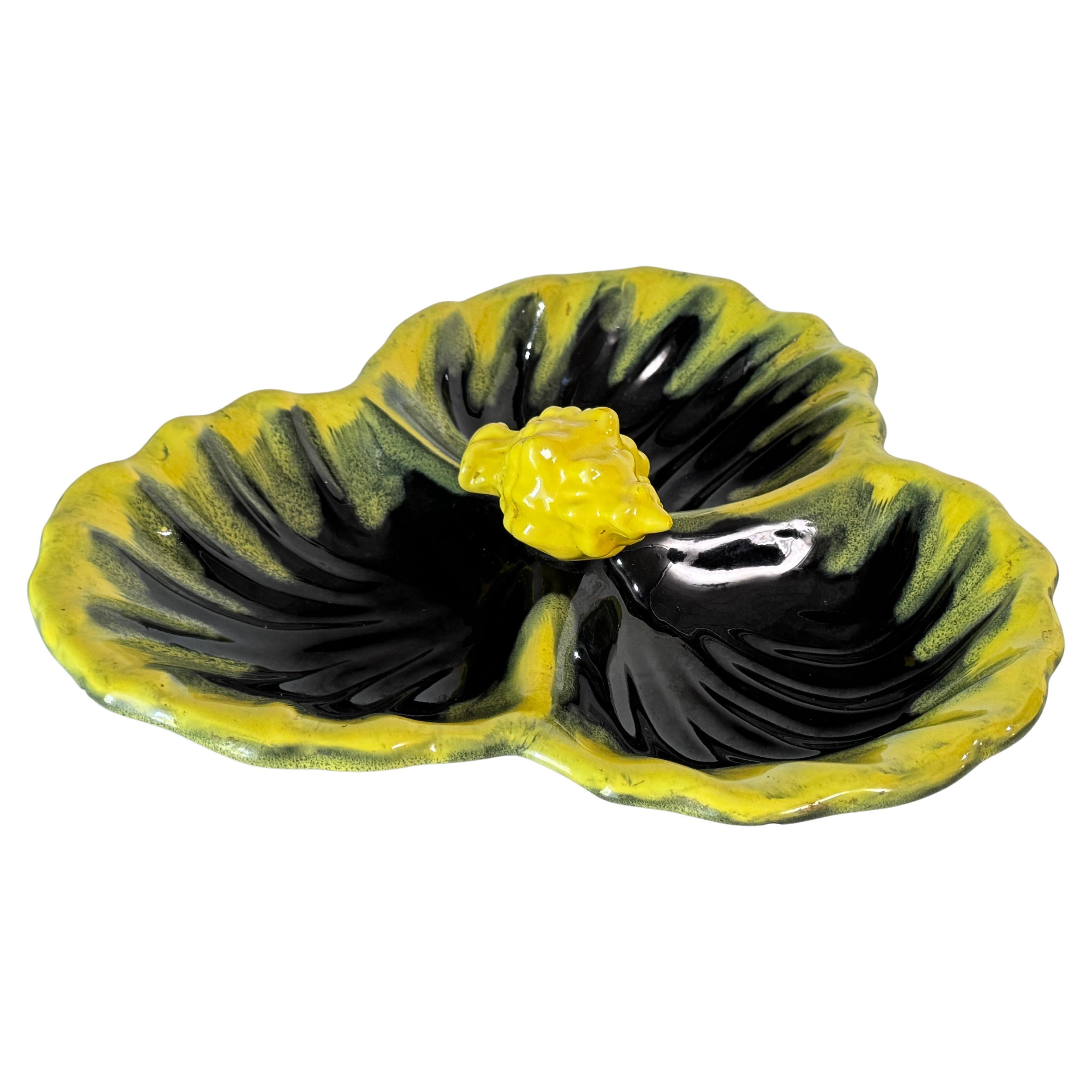 1970s Vallauris Yellow and Black Ceramic Catchall  Three Compartments For Sale