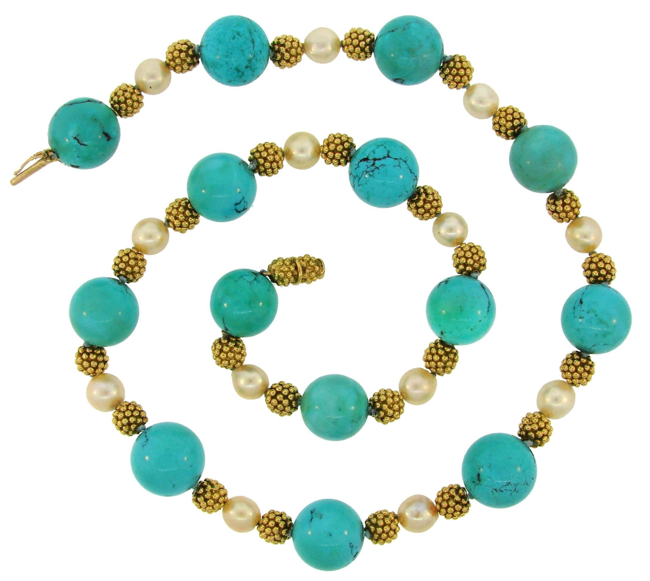 1970s Van Cleef & Arpels Turquoise Pearl Yellow Gold Bead Necklace  3