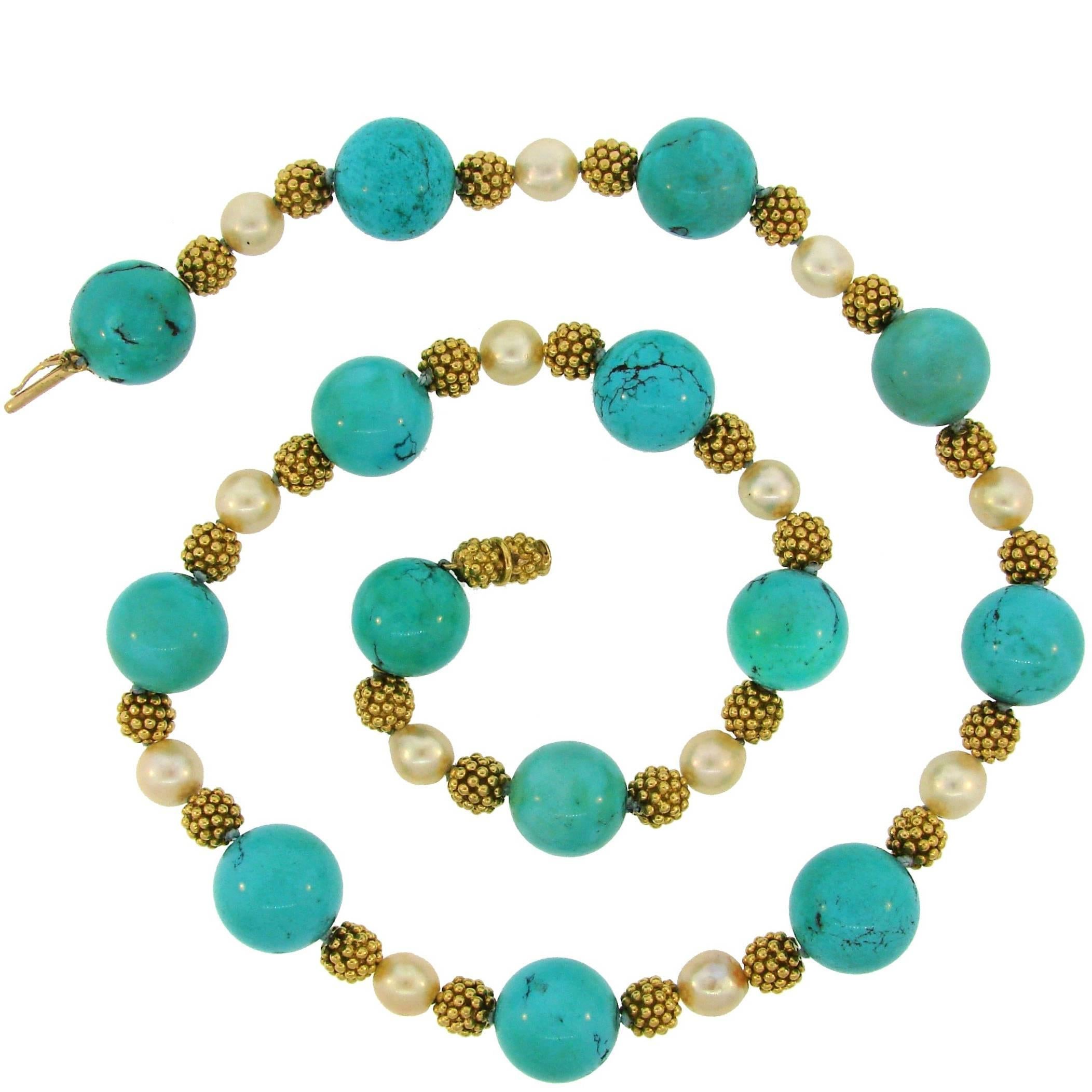1970s Van Cleef & Arpels Turquoise Pearl Yellow Gold Bead Necklace 