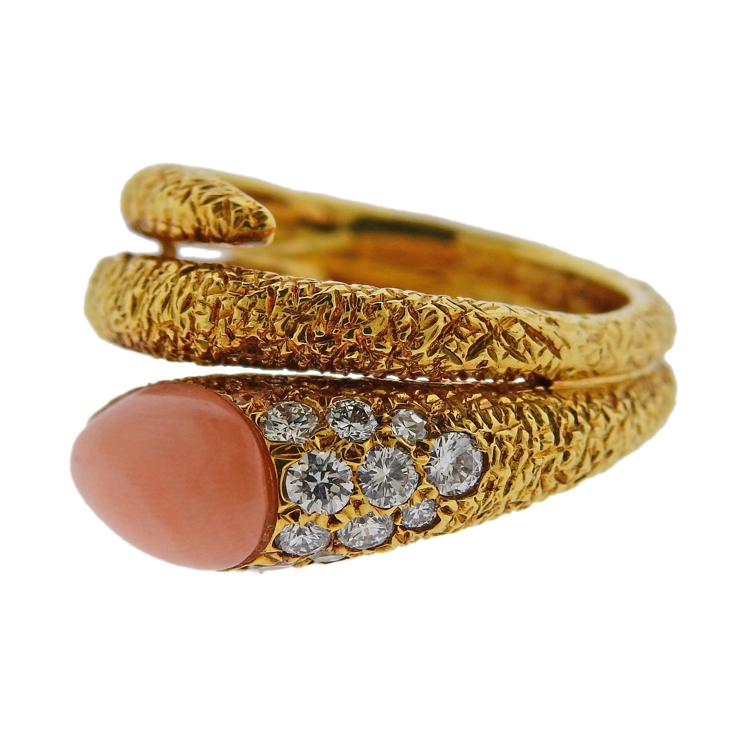 Van Cleef & Arpels 18k yellow gold ring with coral and approx. 0.46ctw in VVS-VS/FG diamonds.  Ring size - 5.75, ring top is 15mm wide. Weighs 9.8 grams. Marked: V.C.A, OCT42, C5158K1, 18k. 