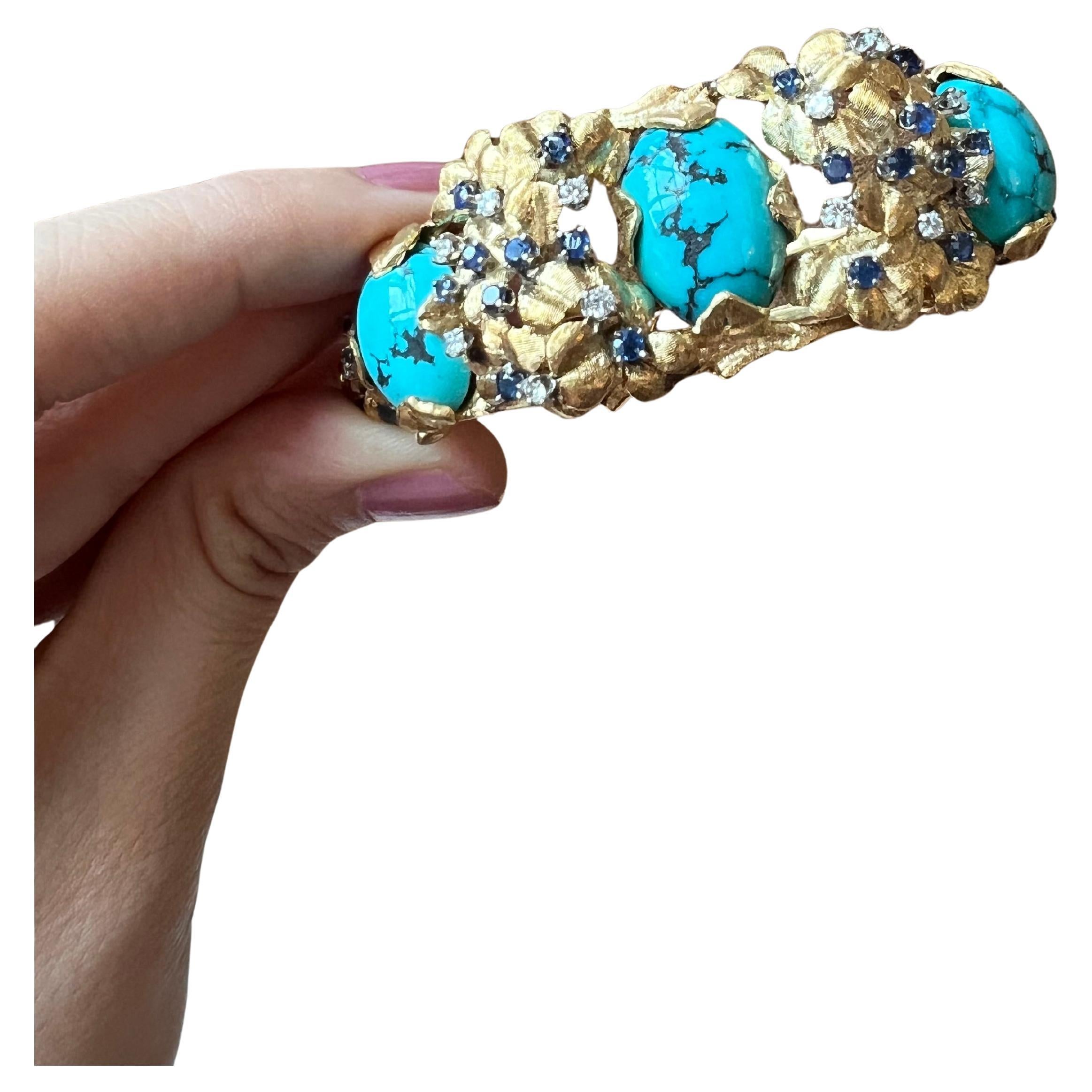 1970s Van Gogh Turquoise Sapphire Diamond 18K Gold Bangle Bracelet For Sale
