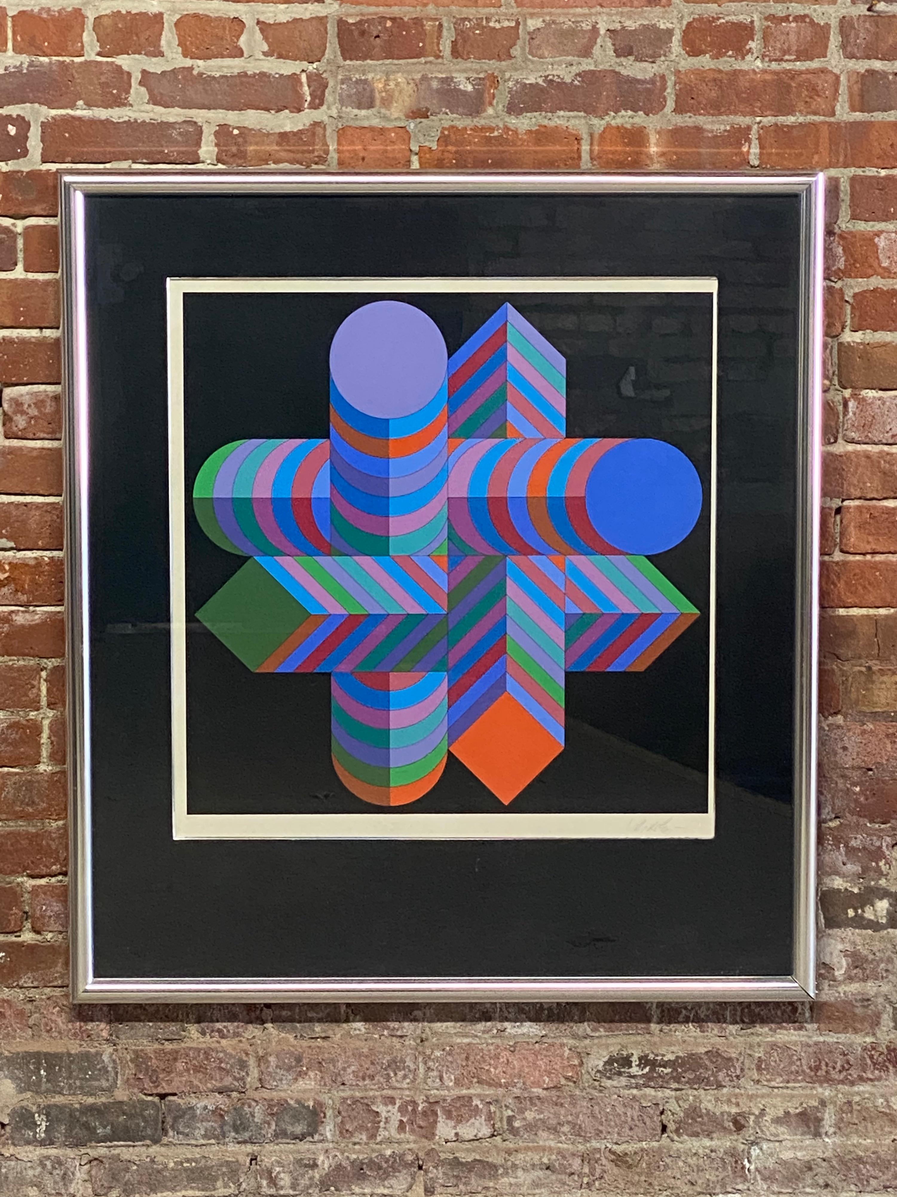 Colorful Vasarely Op-Art lithograph. Signed in pencil lower right, Vasarely and numbered edition 66/250, lower left. Vasarely's works are geometric precision, science, and line. As the viewer moves, the work of art moves with you. Framing treatment