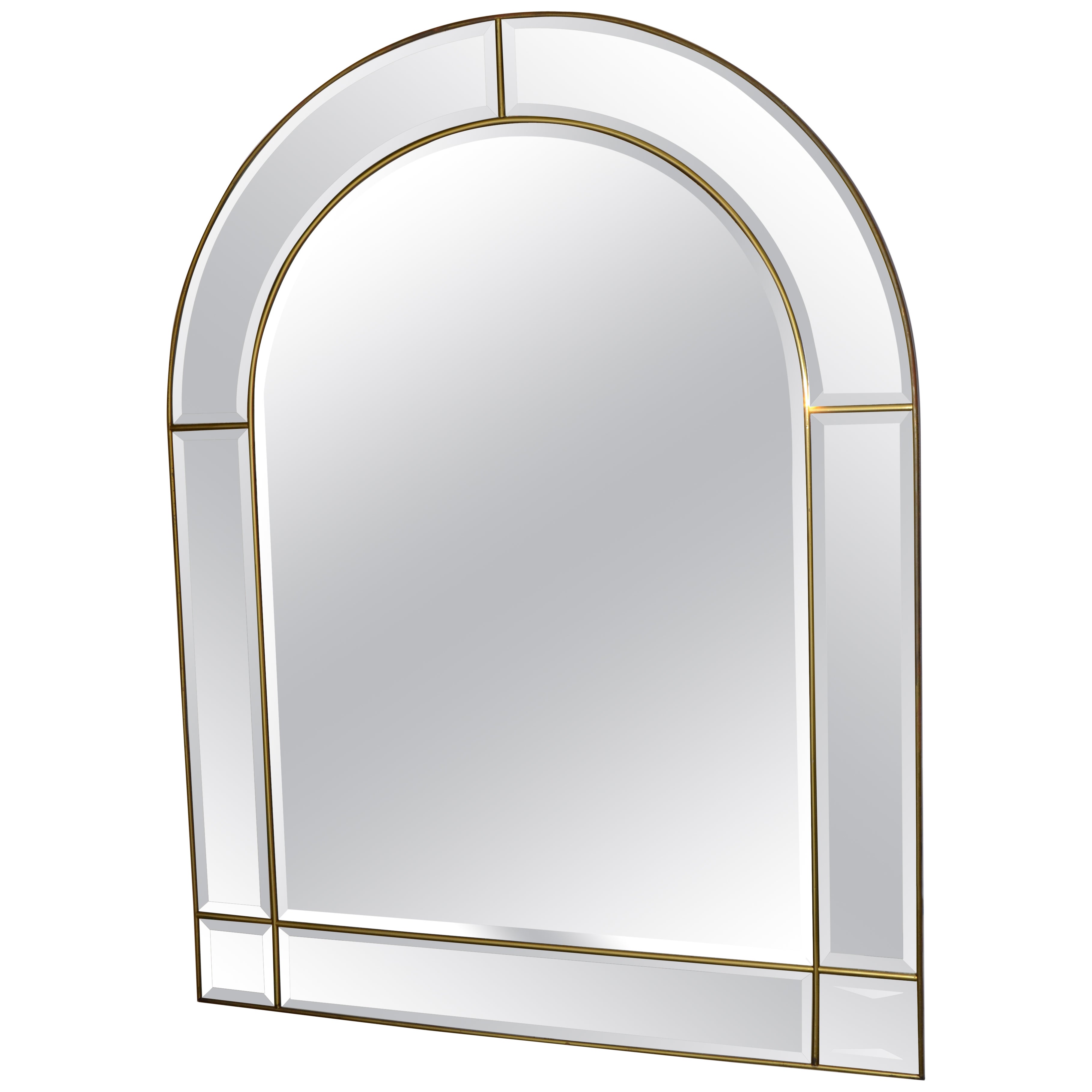 1970s Venetian Arch Shaped Beveled Glass Brass Wall Mirror Hollywood Regency For Sale