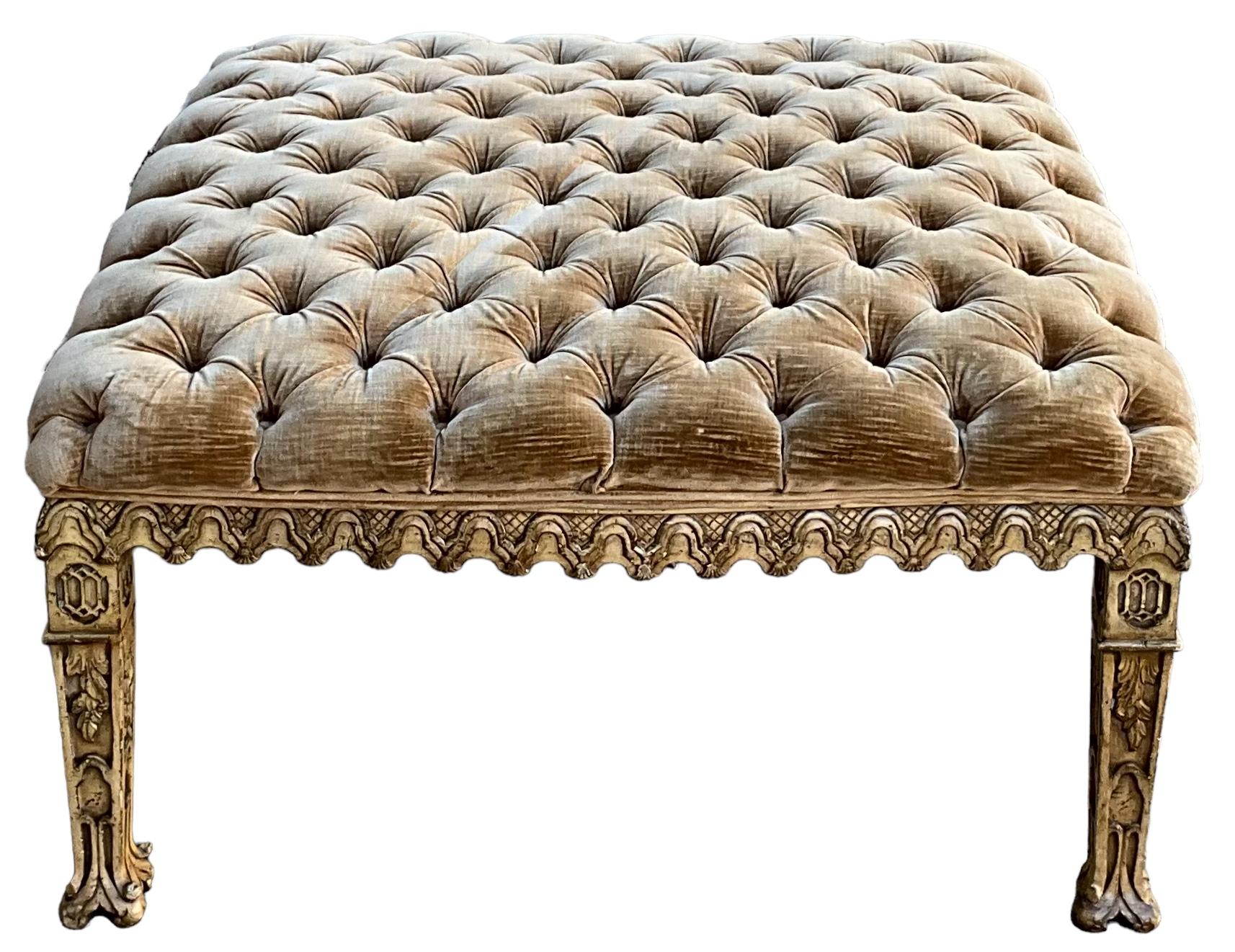 Rococo 1970s Venetian Style Heavily Carved Tufted Velvet Ottoman / Coffee Table For Sale