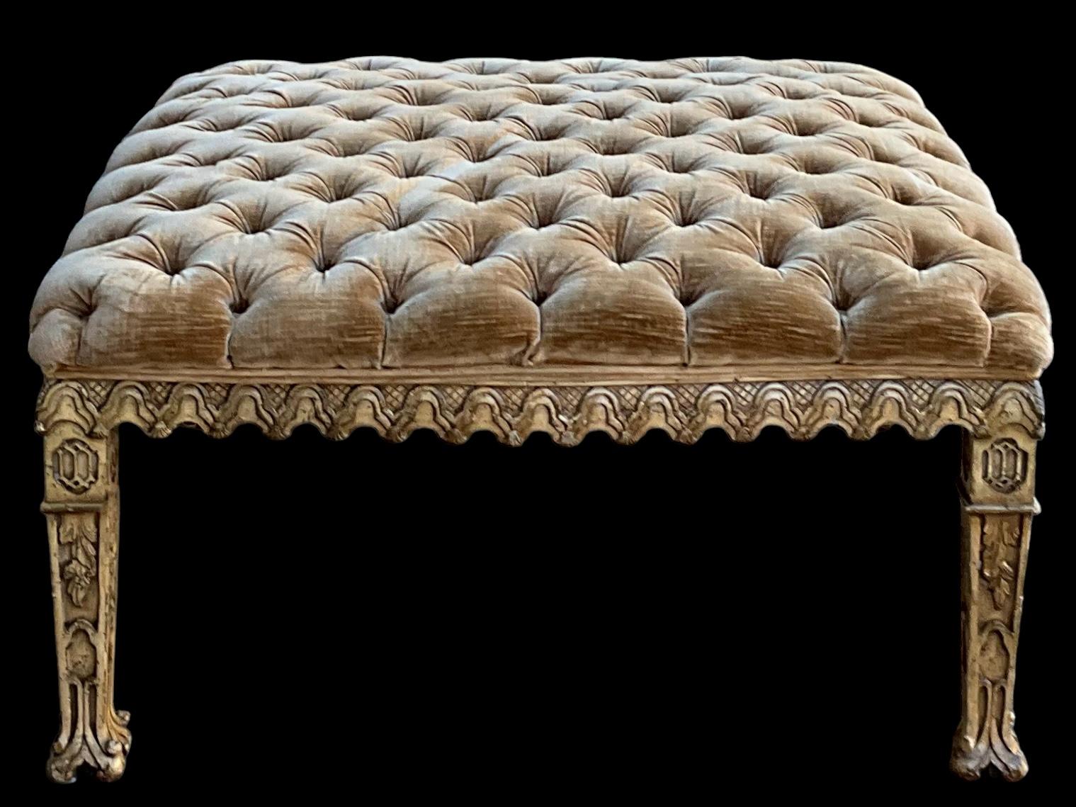 1970s Venetian Style Heavily Carved Tufted Velvet Ottoman / Coffee Table In Good Condition For Sale In Kennesaw, GA