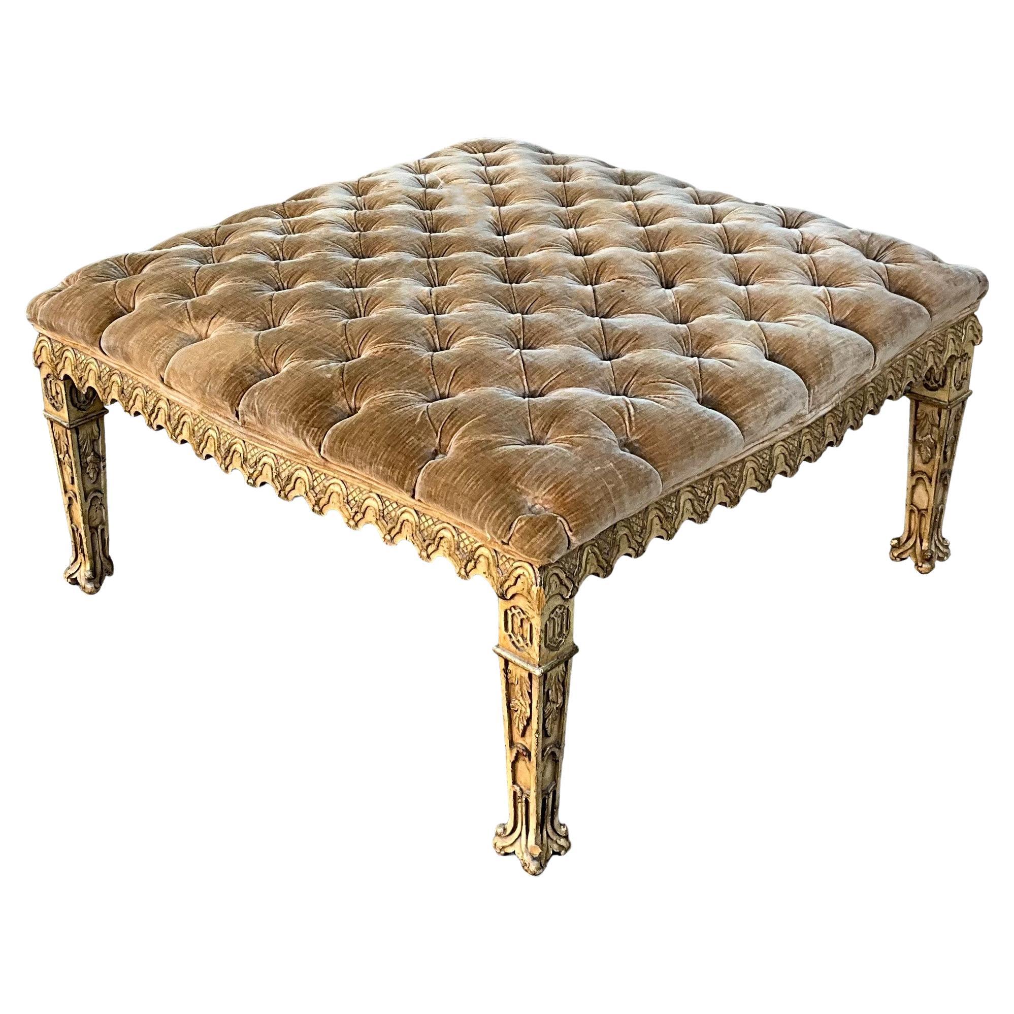 1970s Venetian Style Heavily Carved Tufted Velvet Ottoman / Coffee Table For Sale