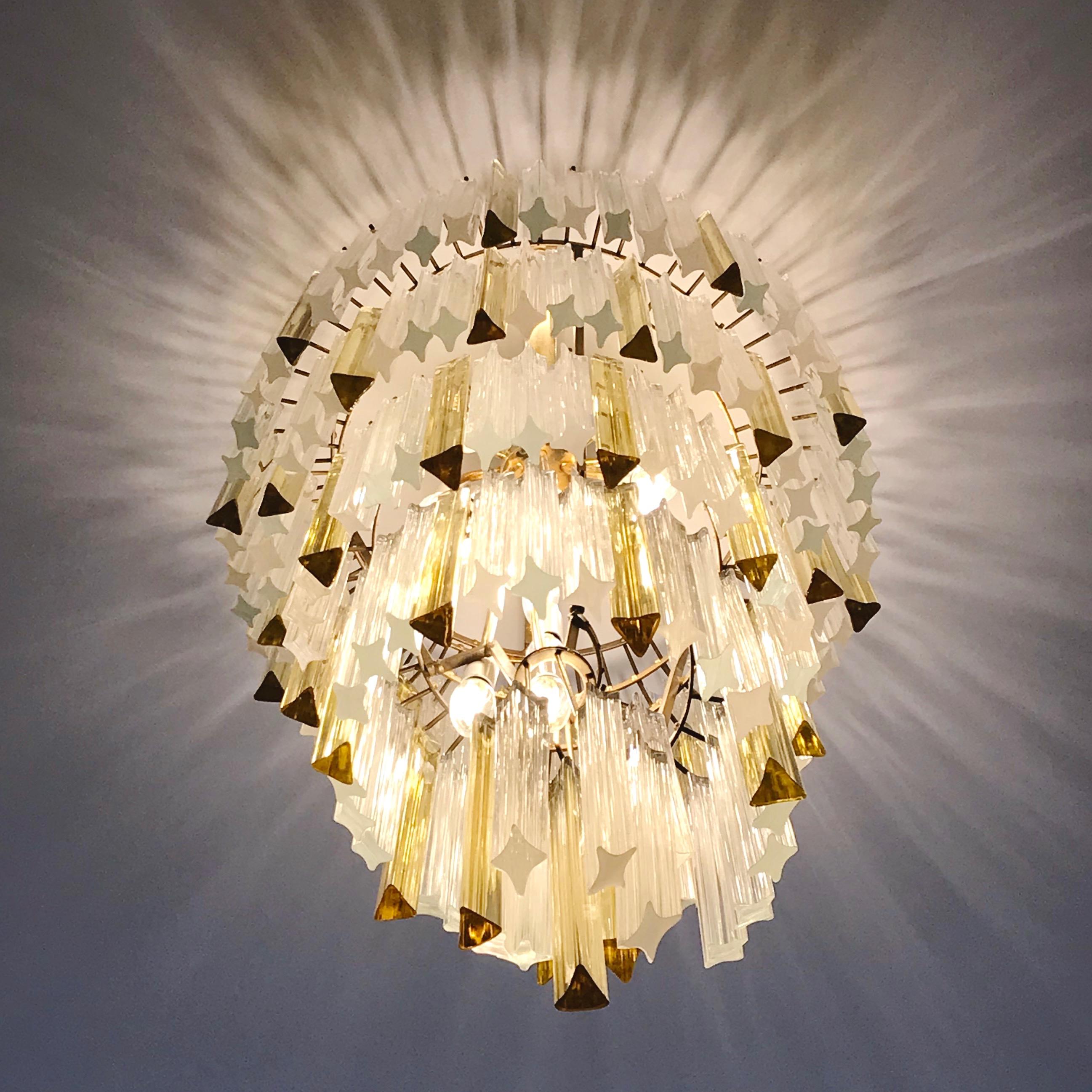 Mid-Century Modern 1970s Venini Italian Vintage Amber and Crystal Clear Murano Glass Chandelier