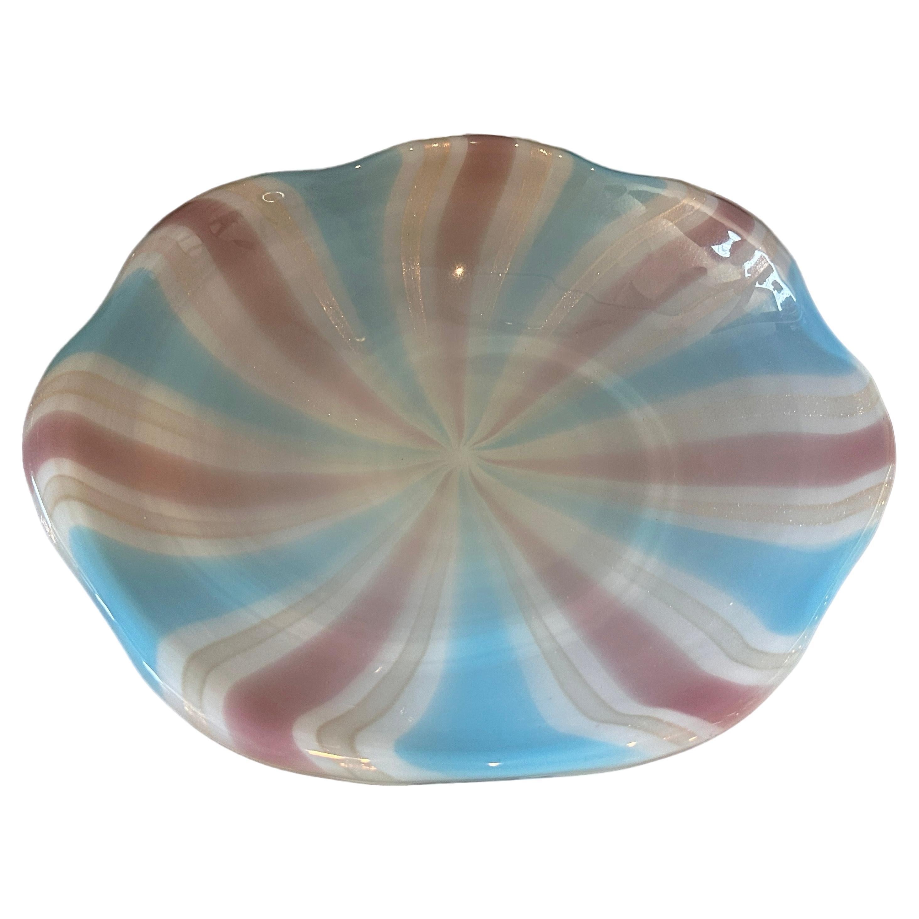 Italian 1970s Venini style Mid-Century Modern Striped Murano Glass Round Bowl For Sale