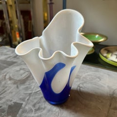 1970s Venini Style Modernist White and Blue Murano Glass Fazzoletto Vase