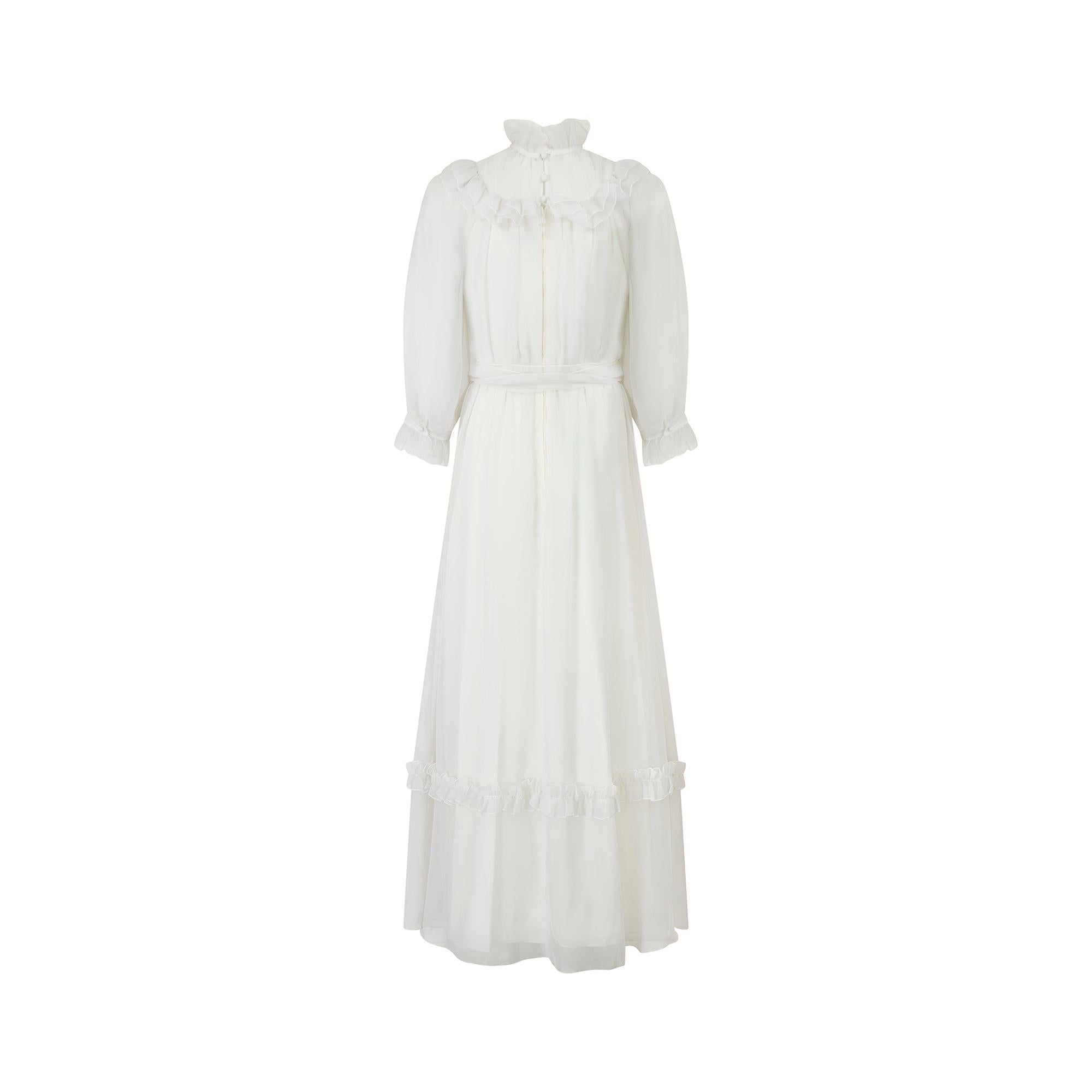1970s Vera Mont White Georgette Maxi Dress In Excellent Condition For Sale In London, GB