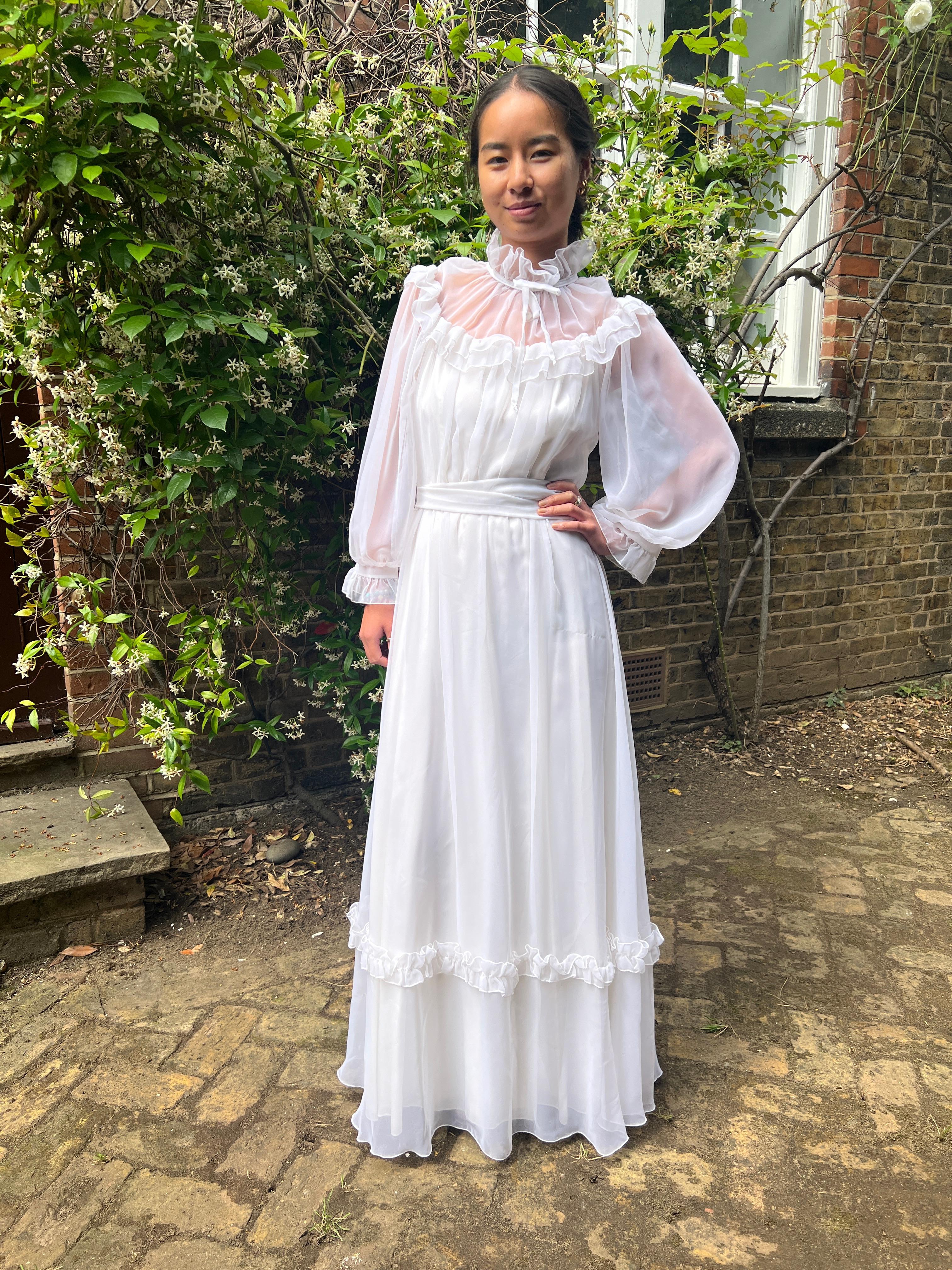 1970s Vera Mont White Georgette Maxi Dress For Sale 2