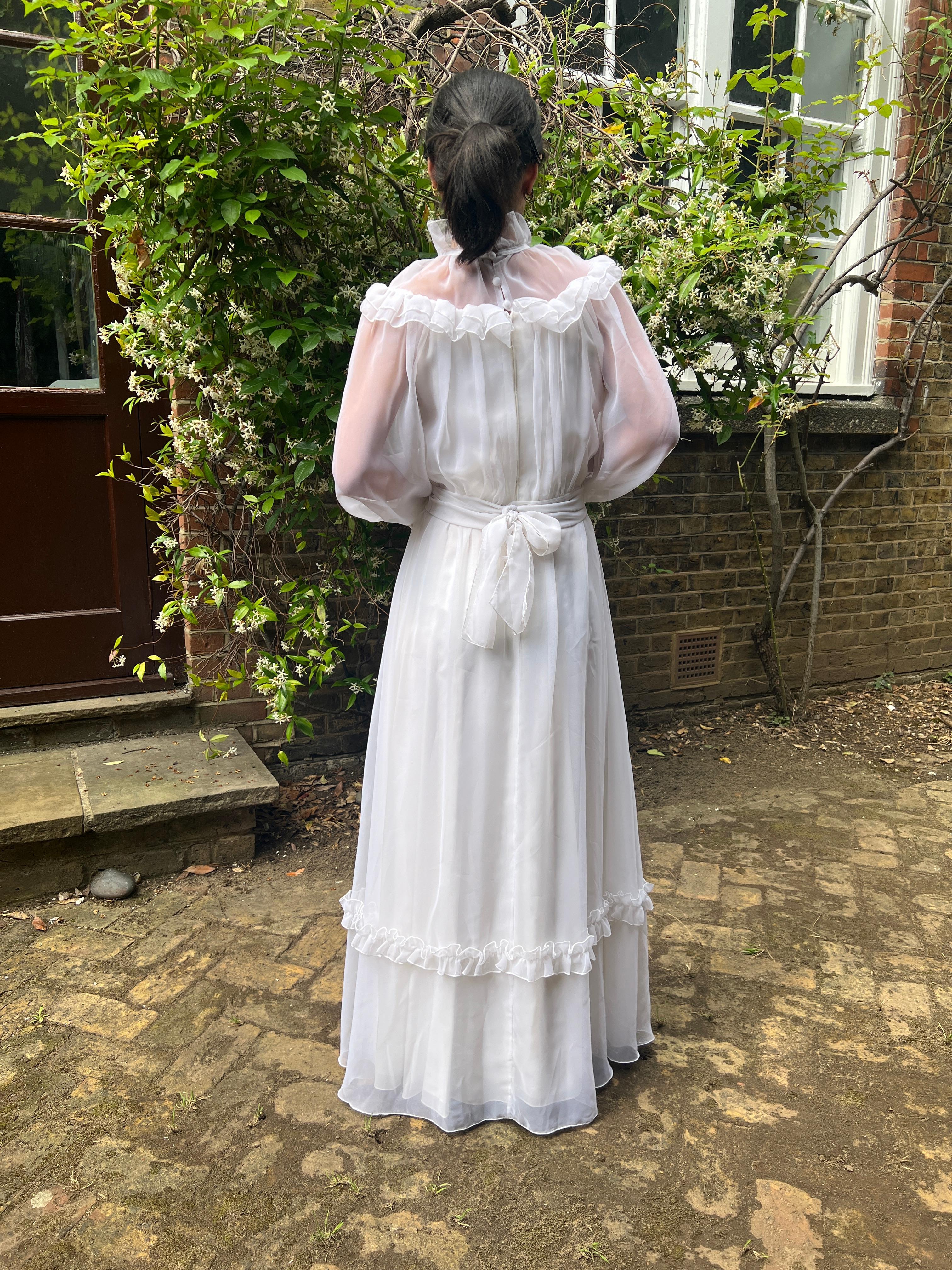 1970s Vera Mont White Georgette Maxi Dress For Sale 3