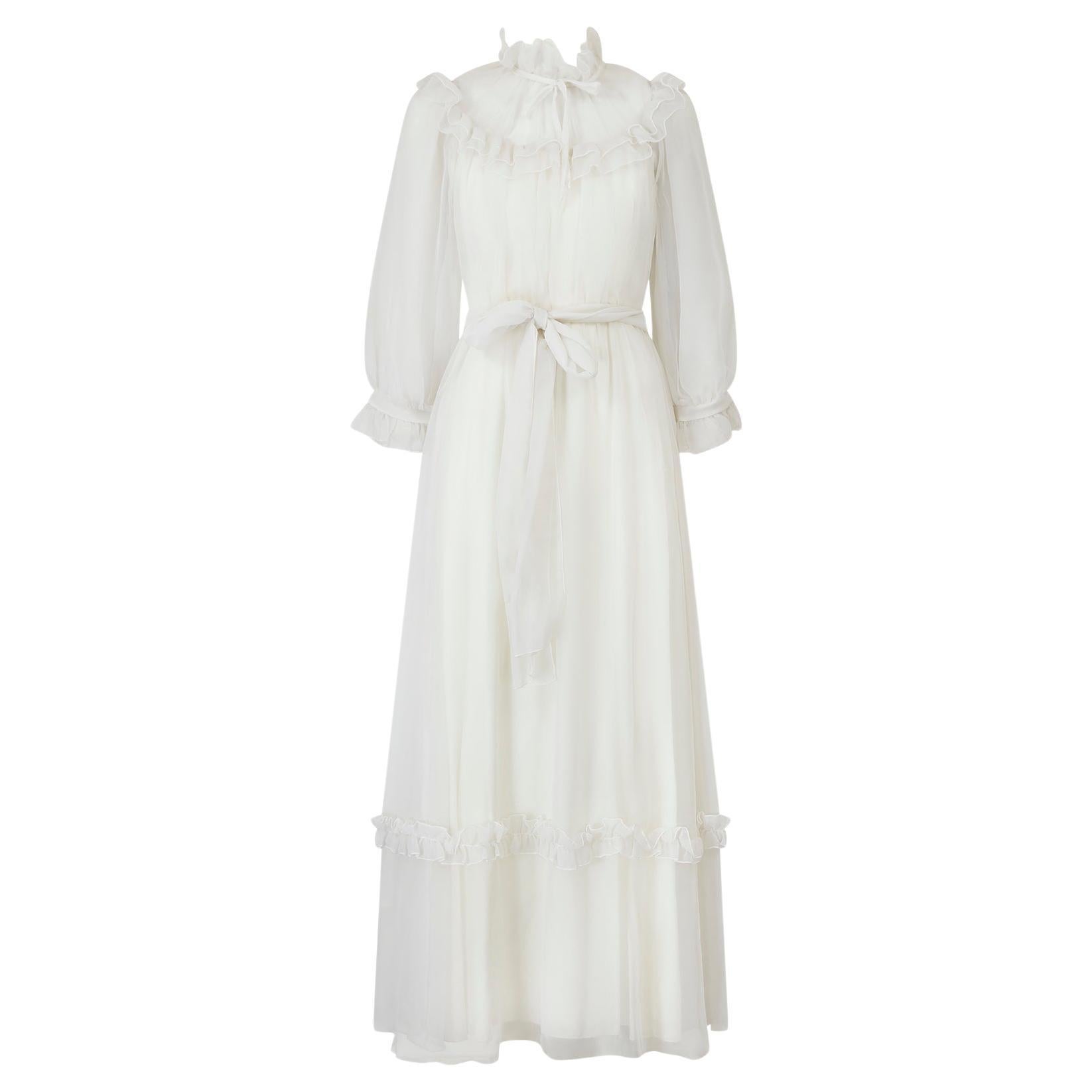 1970s Vera Mont White Georgette Maxi Dress