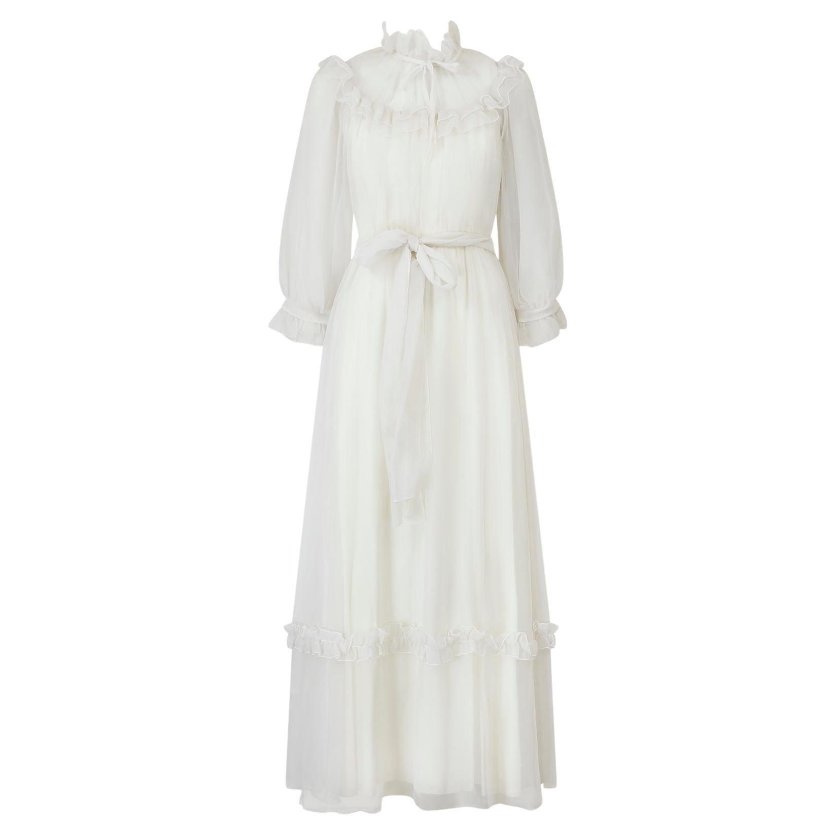 1970s Vera Mont White Georgette Maxi Dress For Sale