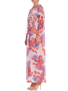 1970S VERA Red White & Blue Floral Nylon Tricot Jersey Loose Free Size House Dr