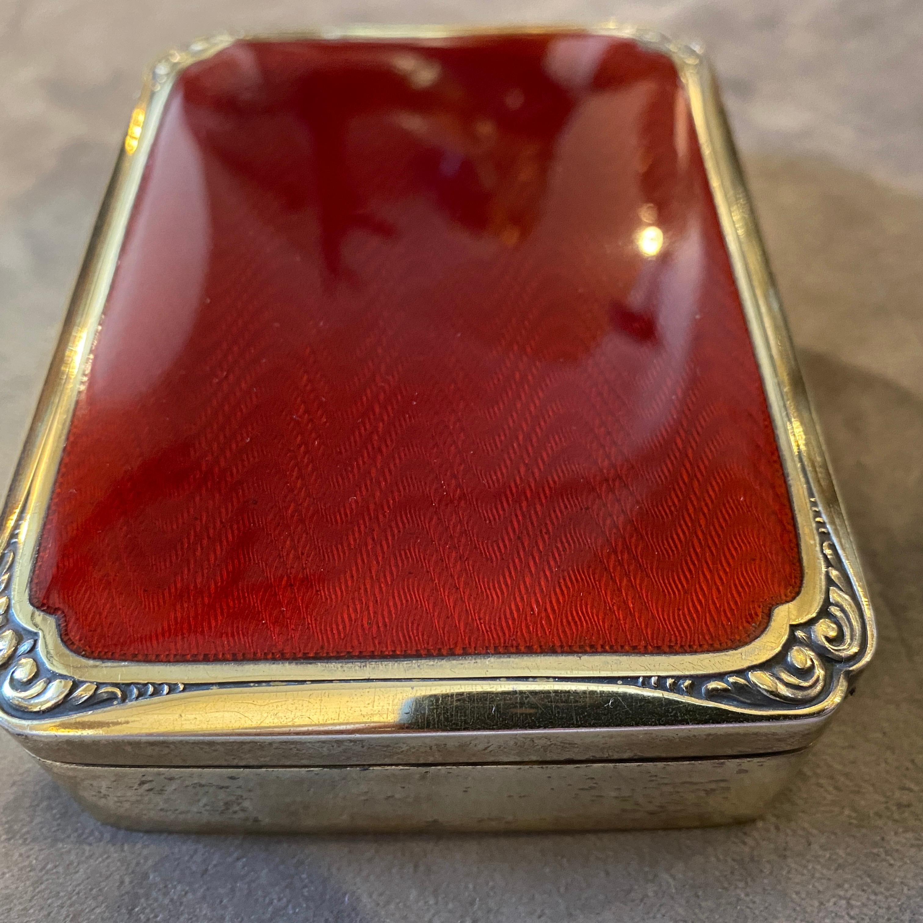 Neoclassical 1970s Red Enameled Vermeil Solid Silver Italian Box by Salimbeni