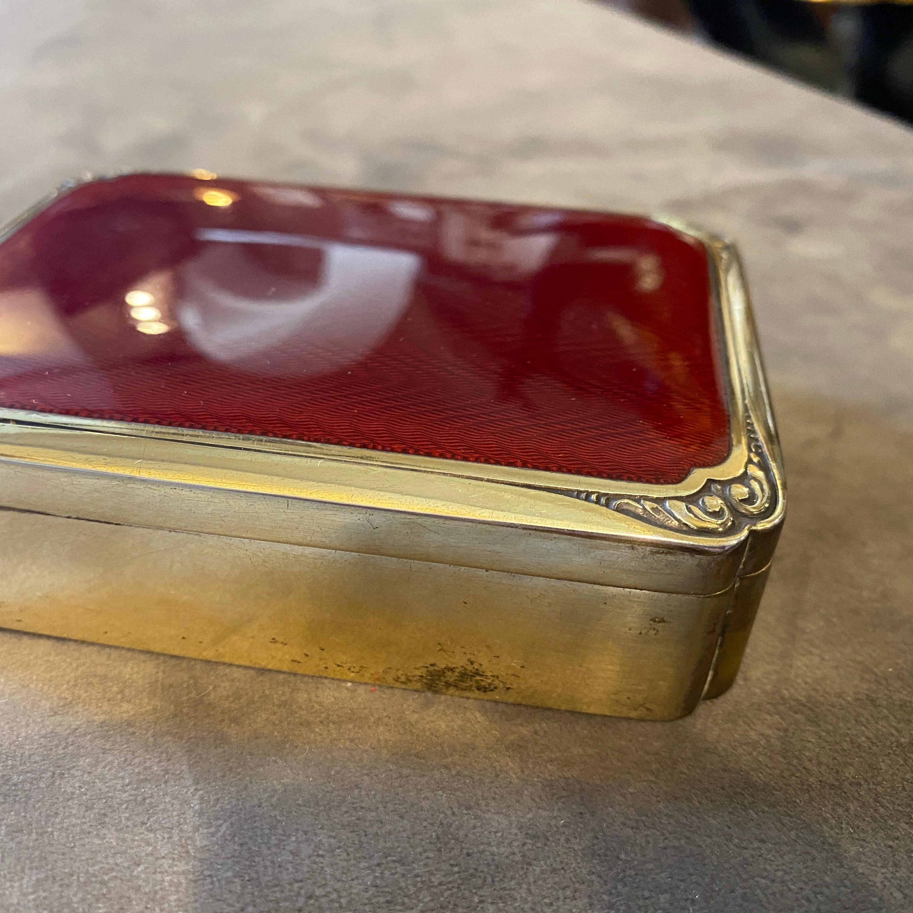 Gilt 1970s Red Enameled Vermeil Solid Silver Italian Box by Salimbeni