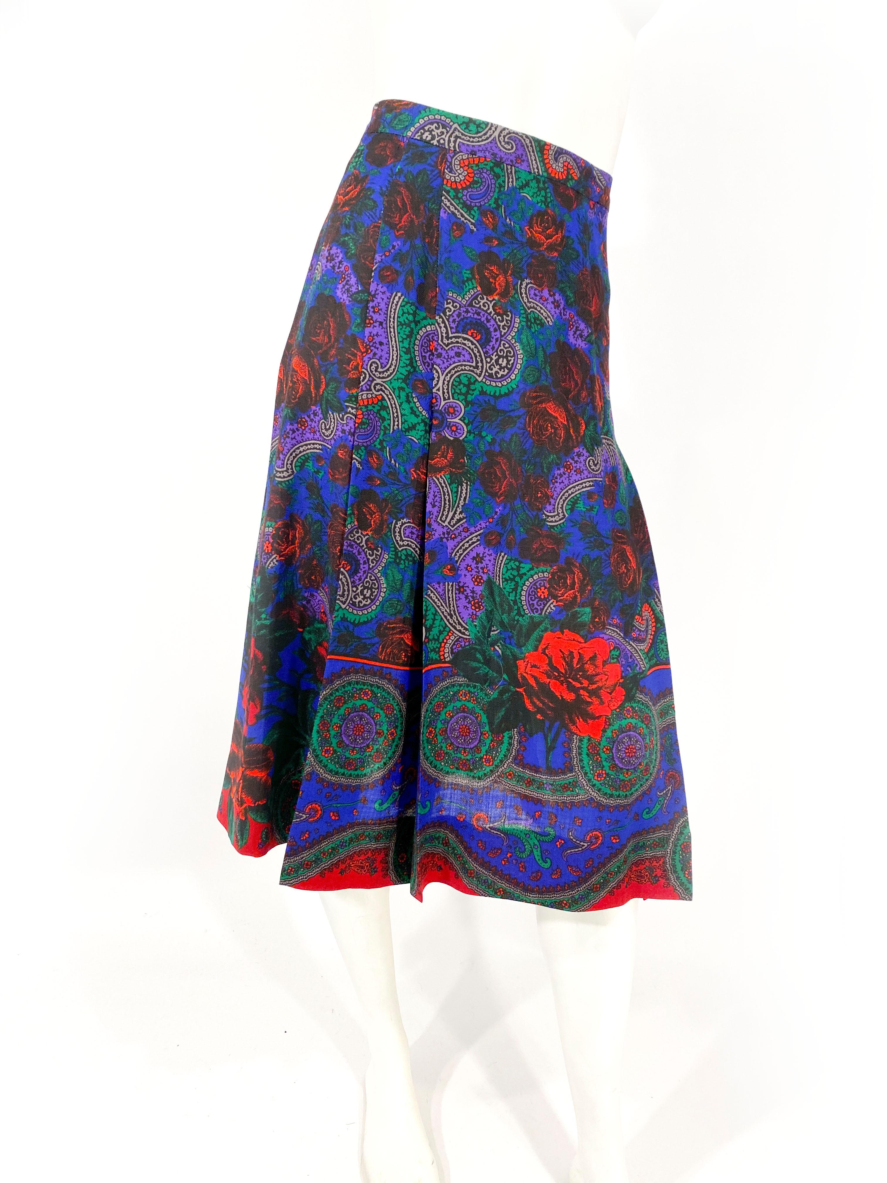 Black 1970s Vibrant Floral Printed Wool Skirt For Sale