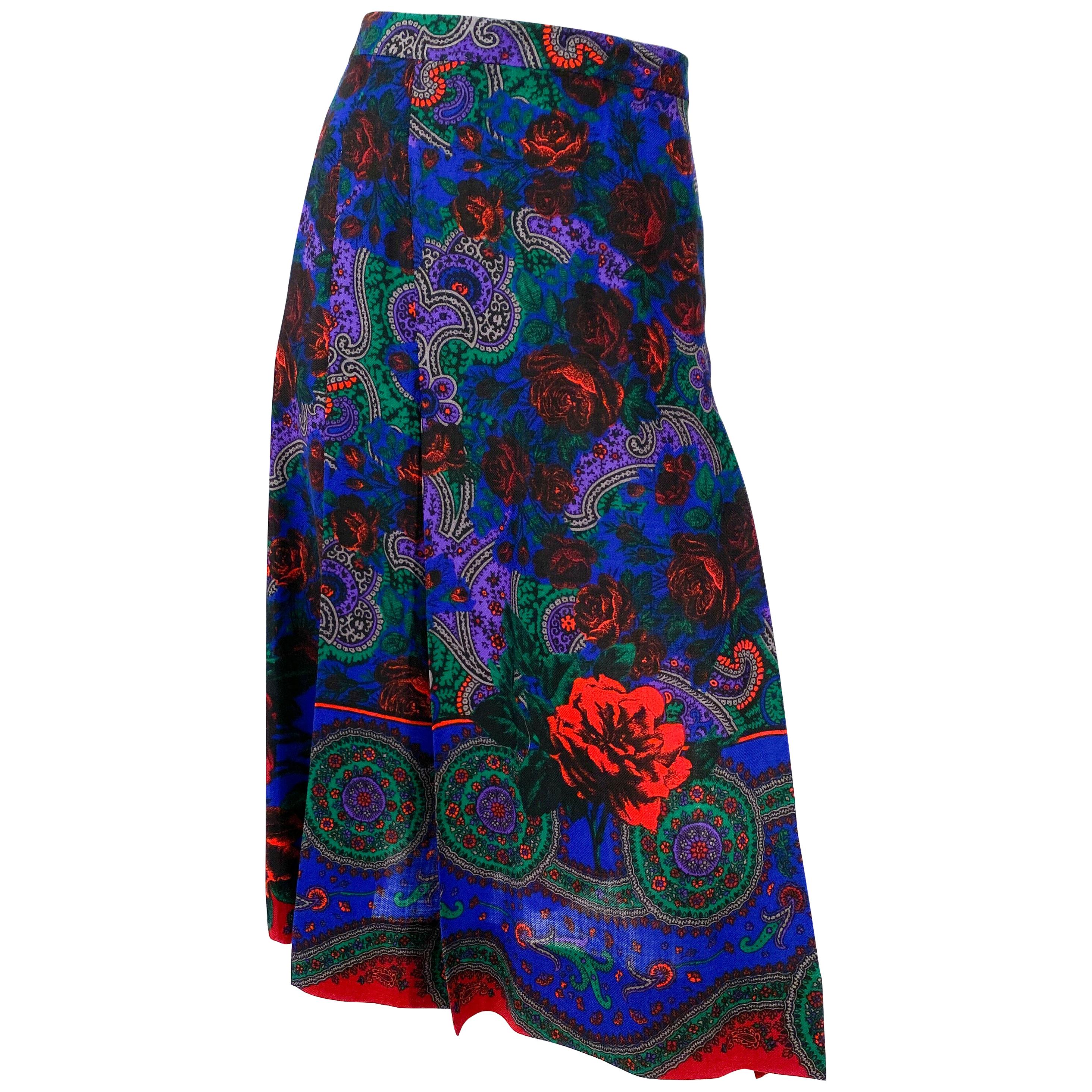 1970s Vibrant Floral Printed Wool Skirt For Sale