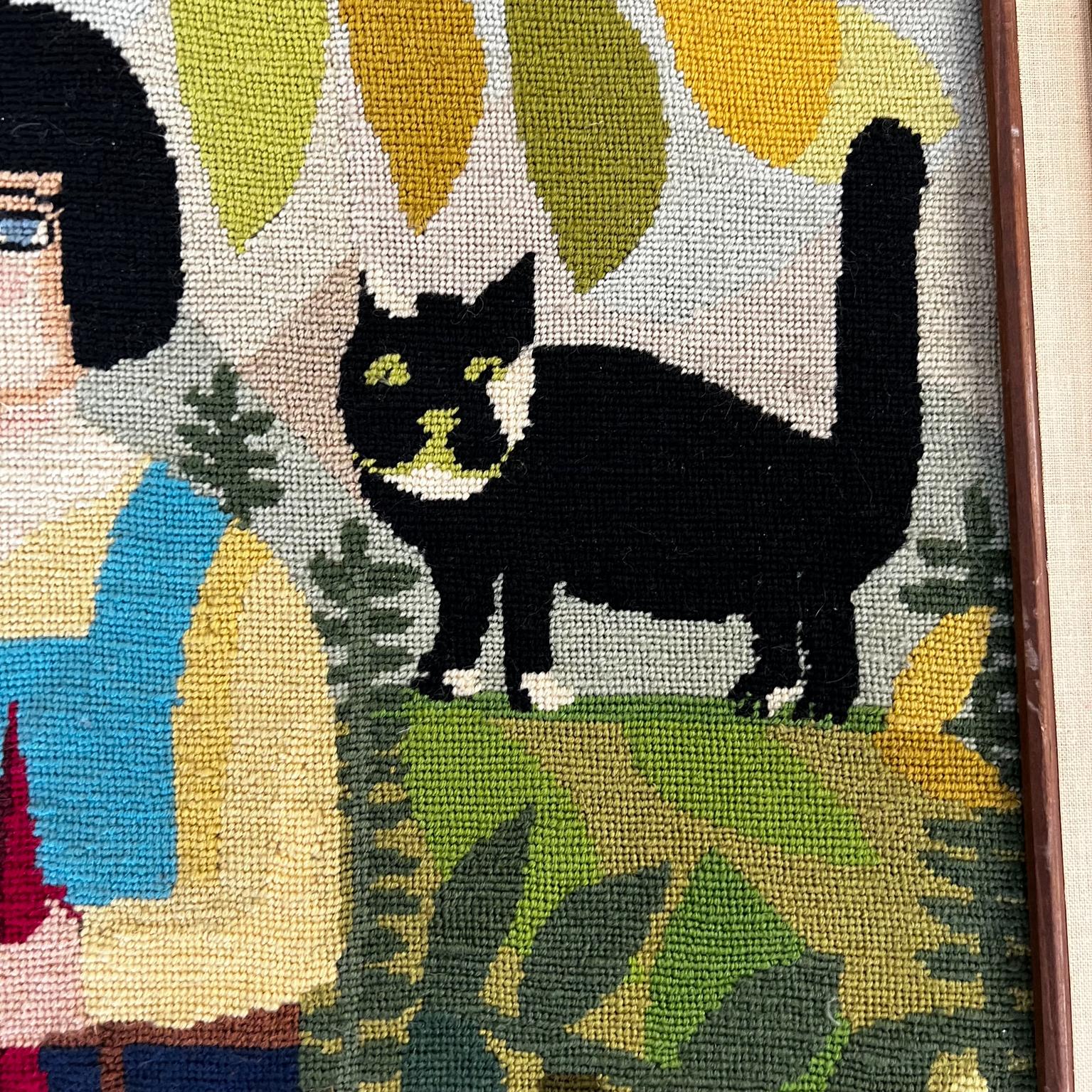 1970s Vibrant Handmade Needlepoint Embroidery Wall Artwork Girl Doll and Cat 2
