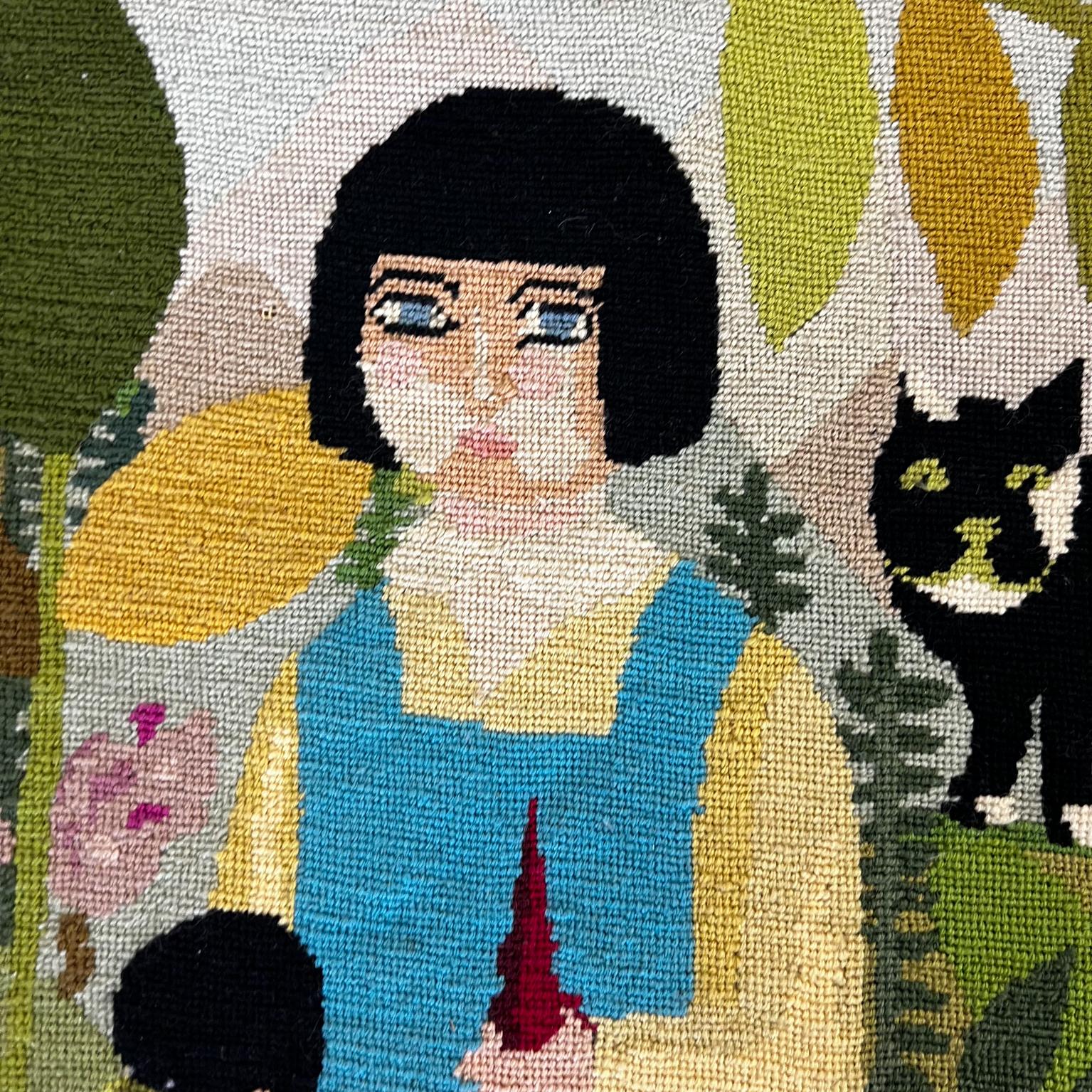 1970s Vibrant Handmade Needlepoint Embroidery Wall Artwork Girl Doll and Cat 3