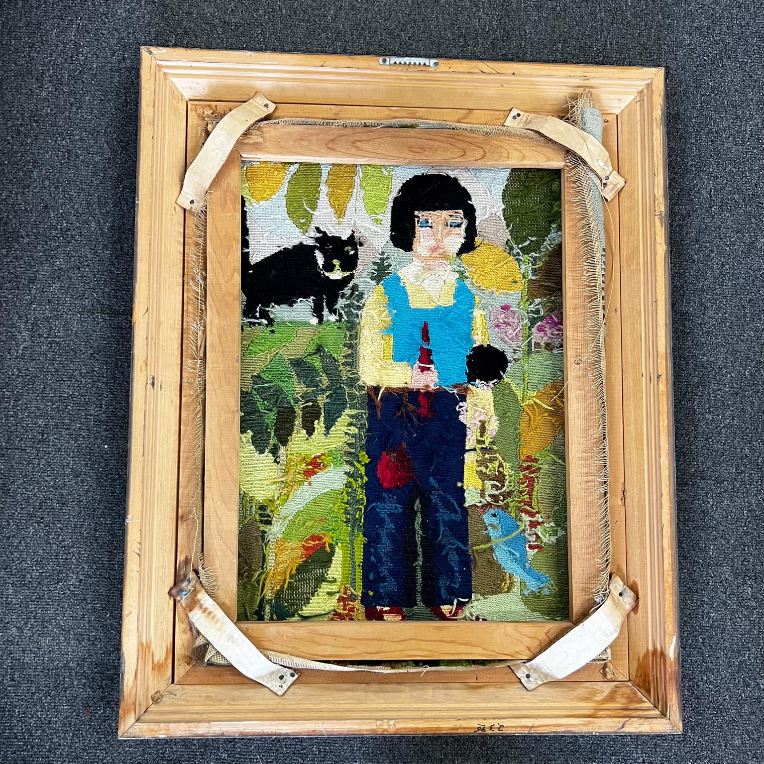 1970s Vibrant Handmade Needlepoint Embroidery Wall Artwork Girl Doll and Cat 4