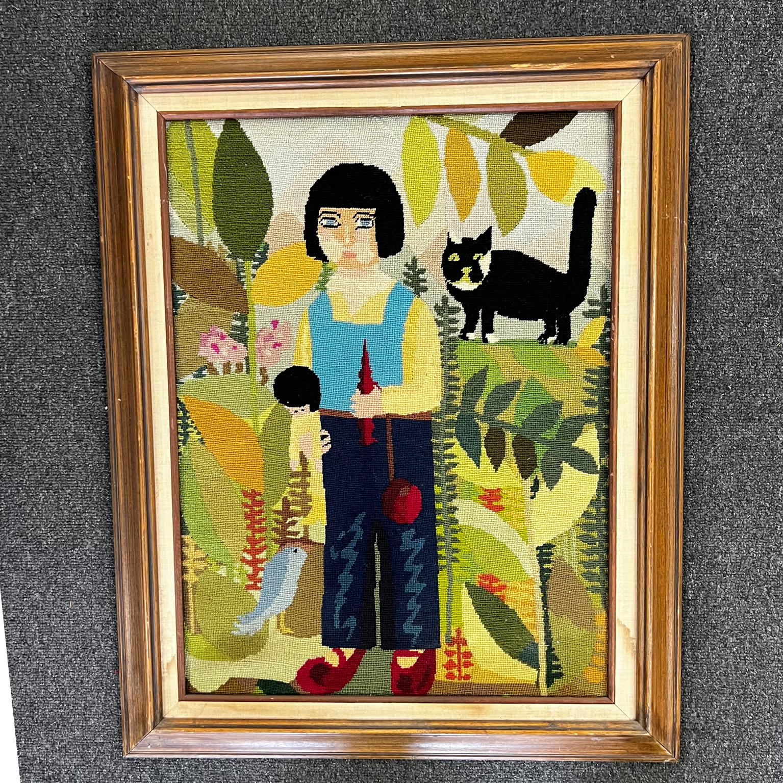 1970s Vibrant Handmade Needlepoint Embroidery Artwork Girl Doll and Cat
Handmade embroidery portrait
framed
no signature 
24 x 30 x 2.13 d art 17.5 x 23.5
Original vintage condition
See all images.

