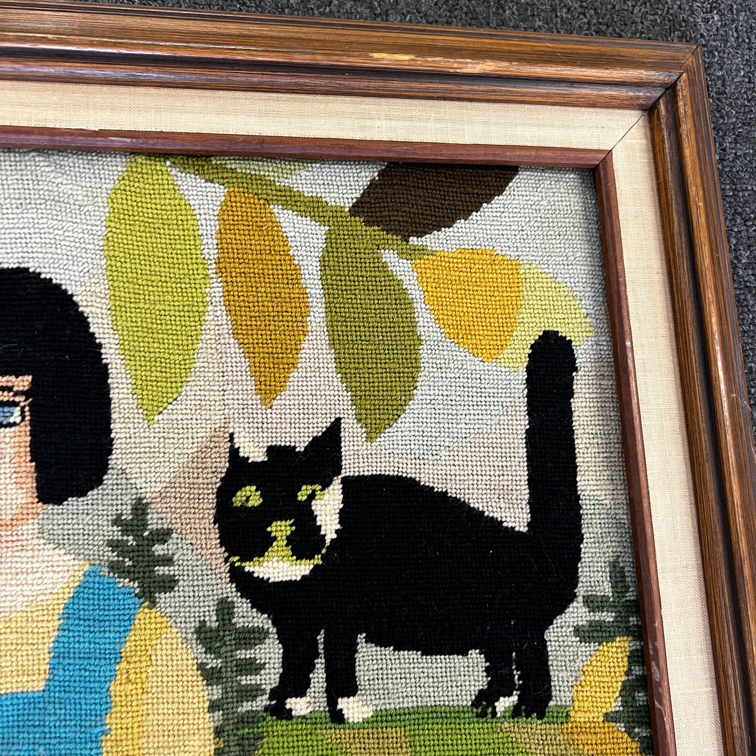Mid-Century Modern 1970s Vibrant Handmade Needlepoint Embroidery Wall Artwork Girl Doll and Cat
