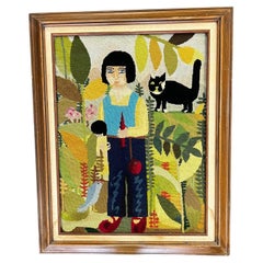 1970s Vibrant Handmade Needlepoint Embroidery Wall Artwork Girl Doll and Cat