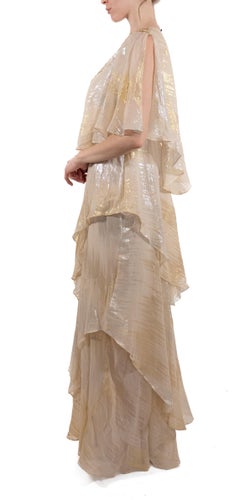 1970S Vicky Tiel Cream Beaded Rayon/Lurex Chiffon Loose Boho Ruffled Gown