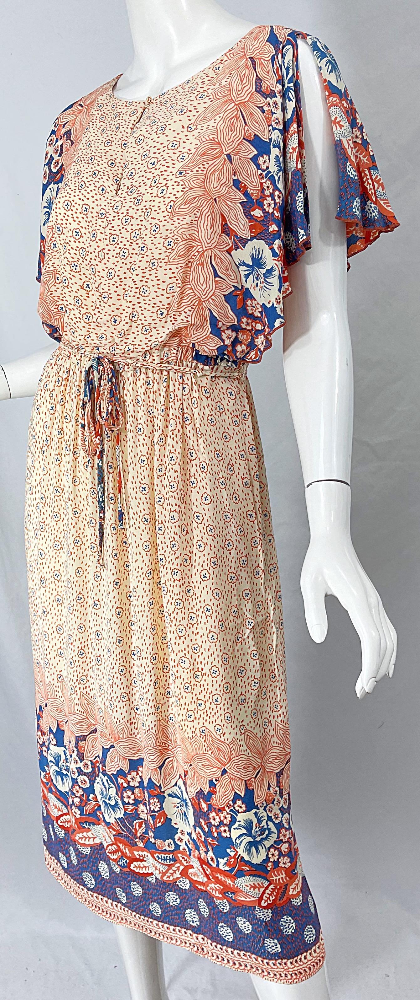 1970s Victor Costa Cold Shoulder Flower Print Vintage 70s Rayon Boho Dress For Sale 7