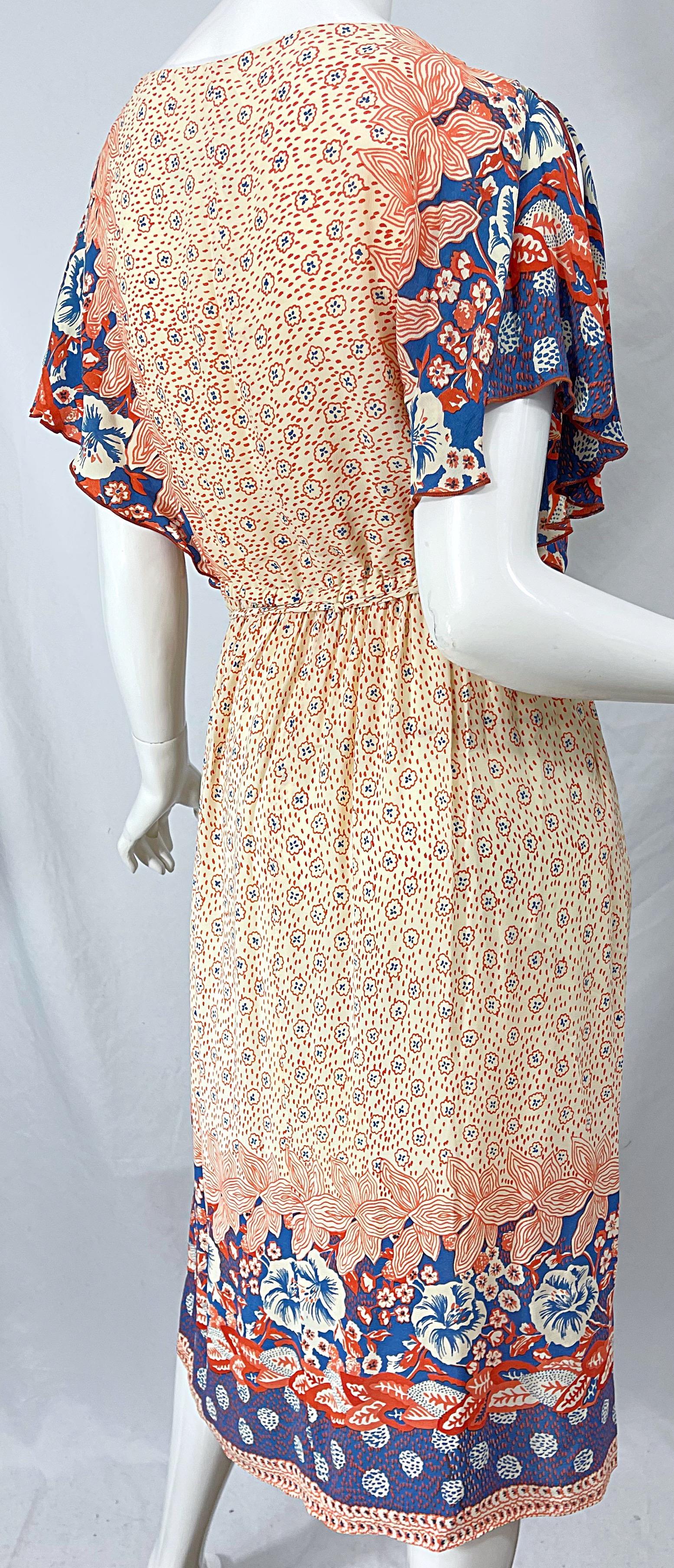 1970s Victor Costa Cold Shoulder Flower Print Vintage 70s Rayon Boho Dress For Sale 8
