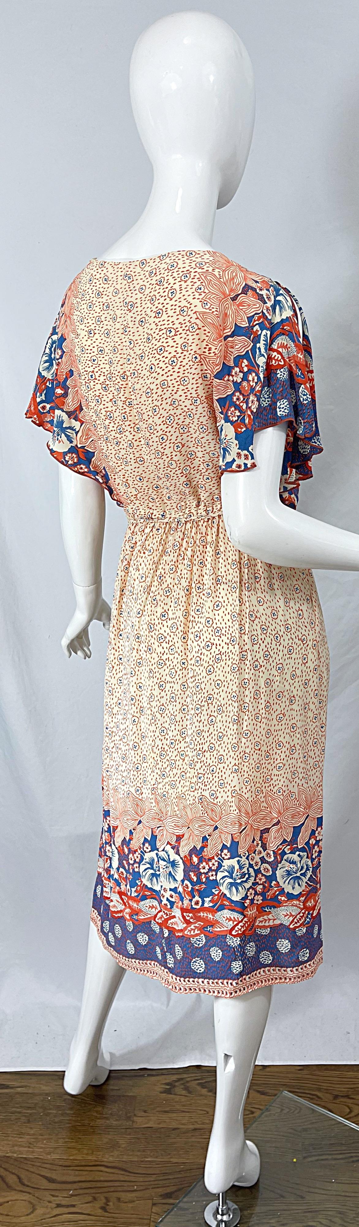 Beige 1970s Victor Costa Cold Shoulder Flower Print Vintage 70s Rayon Boho Dress For Sale