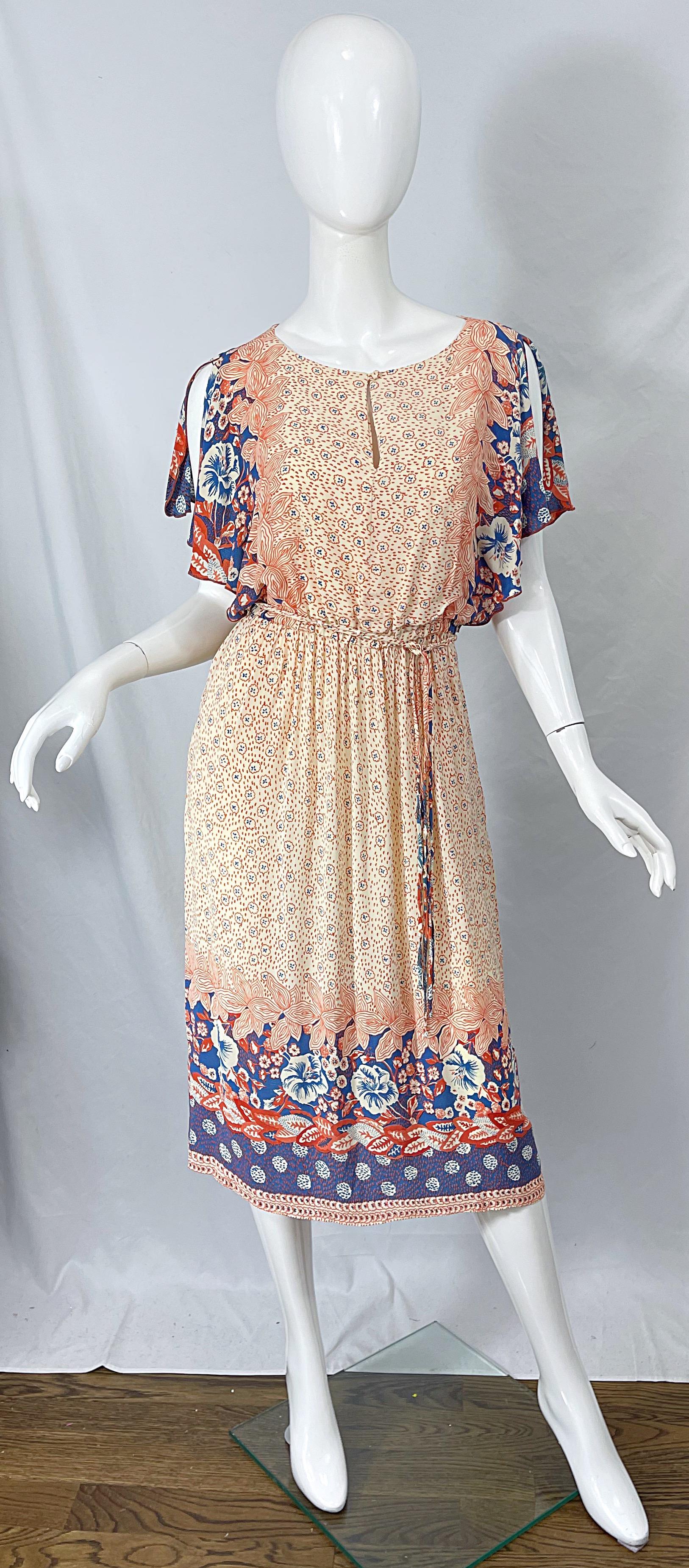 Women's 1970s Victor Costa Cold Shoulder Flower Print Vintage 70s Rayon Boho Dress For Sale